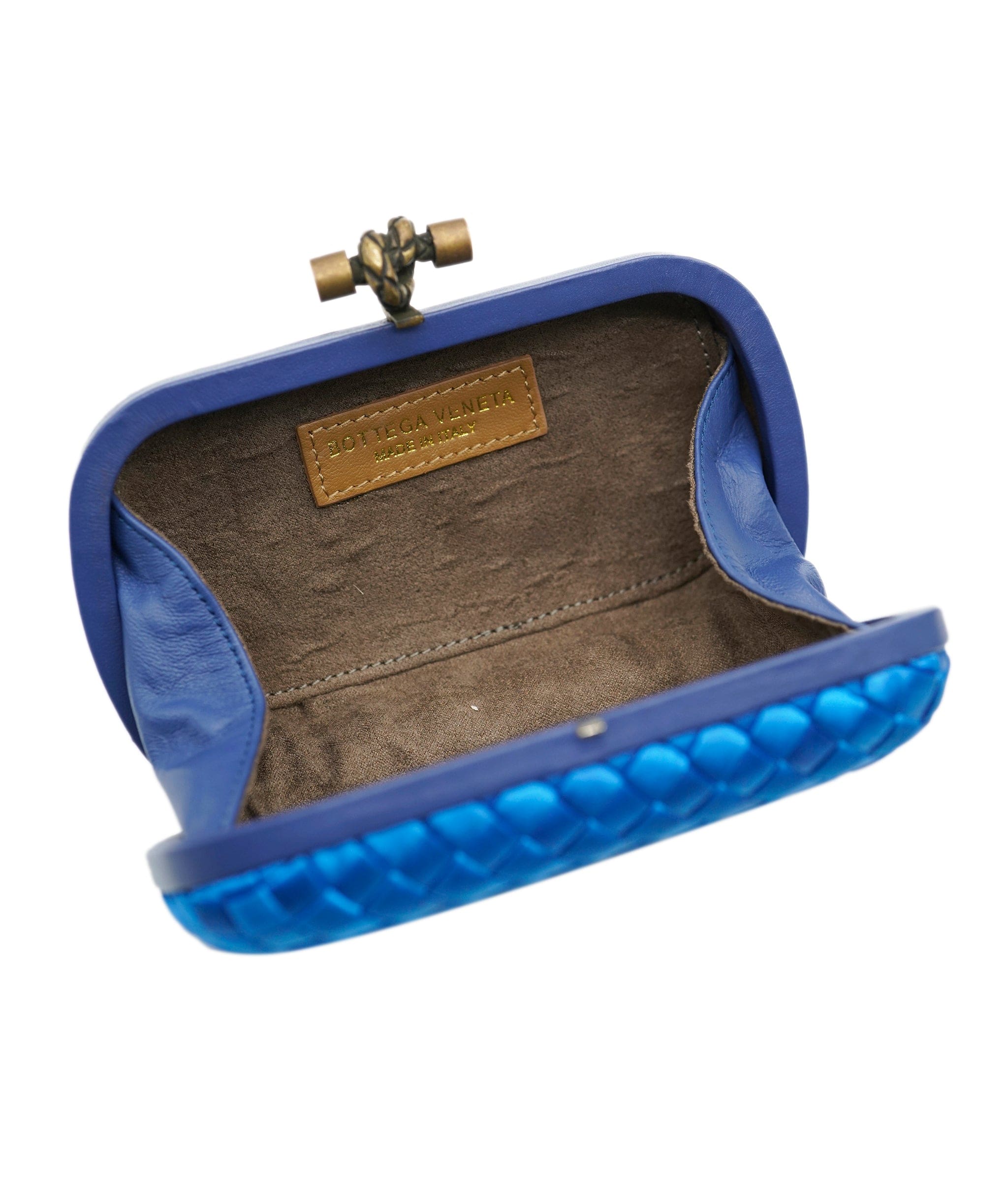 Bottega Veneta !!!   ON HOLD!!!!   Bottega Veneta Blue Mini Knot Clutch Bag in Satin with Leather Detail and Antique Gold Hardware ASL10572