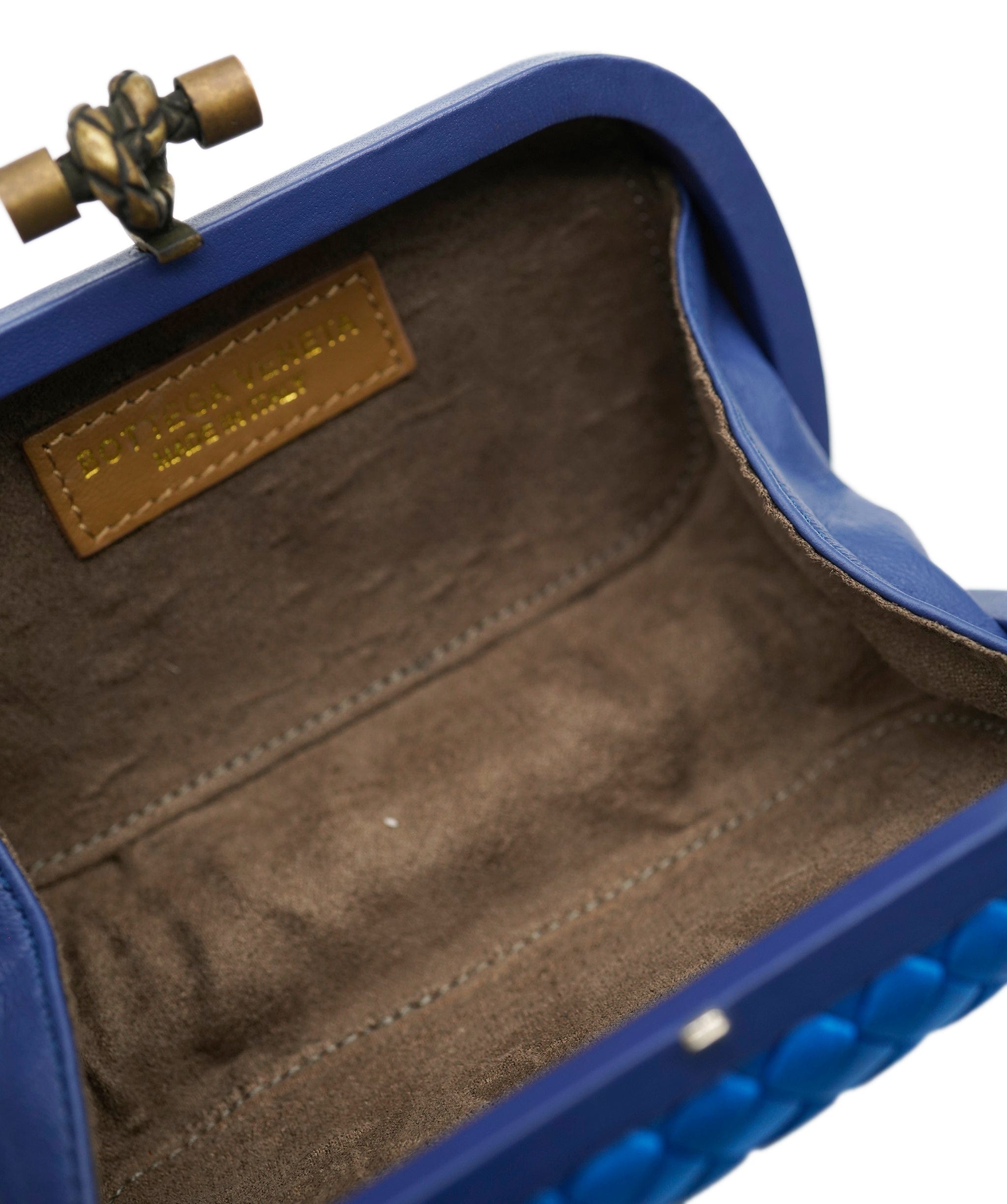 Bottega Veneta !!!   ON HOLD!!!!   Bottega Veneta Blue Mini Knot Clutch Bag in Satin with Leather Detail and Antique Gold Hardware ASL10572