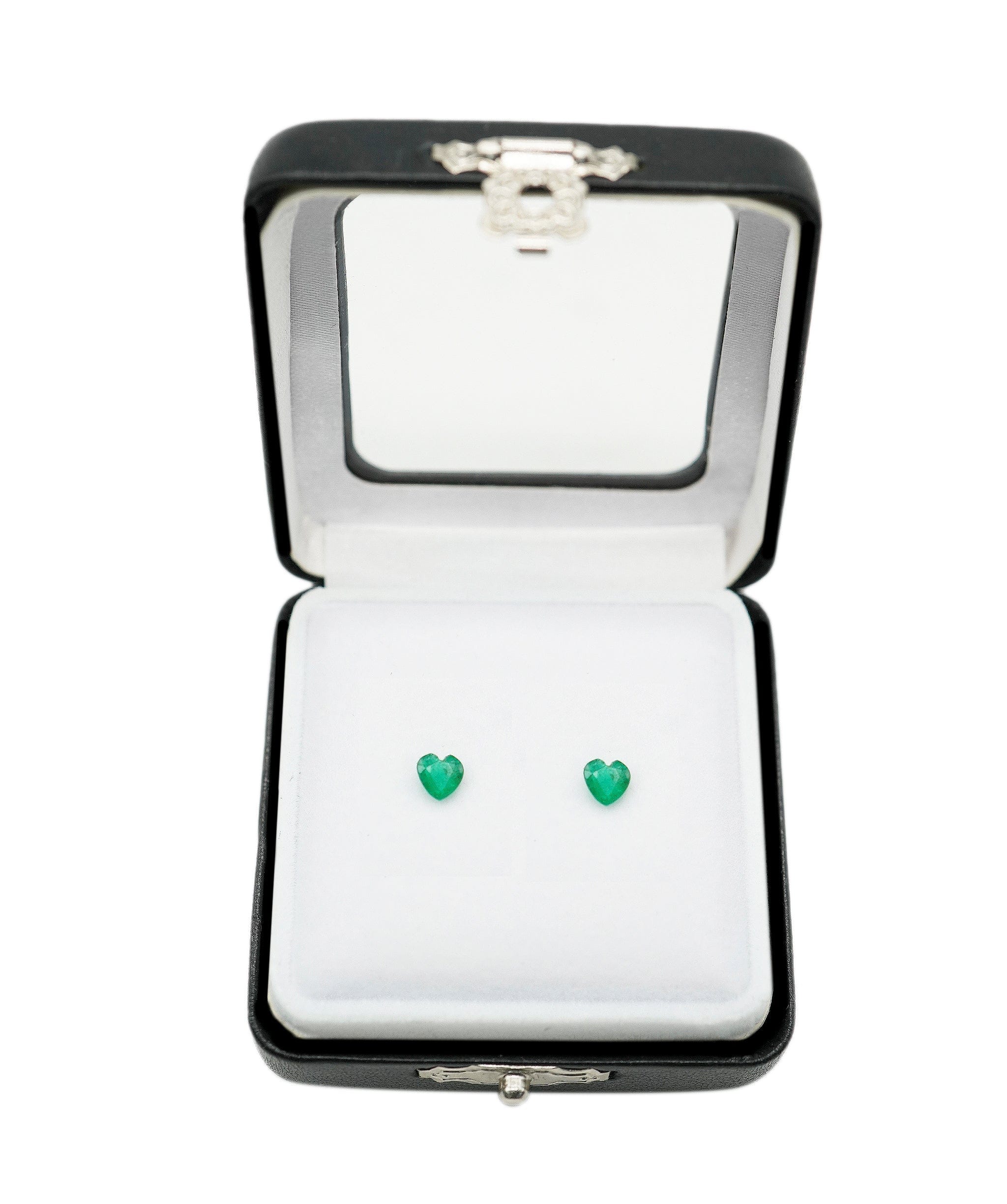 Brand Name Pair of heart-shaped Zambain emeralds: 0.39 and 0.41 carat, custom earstud mount AHL1089