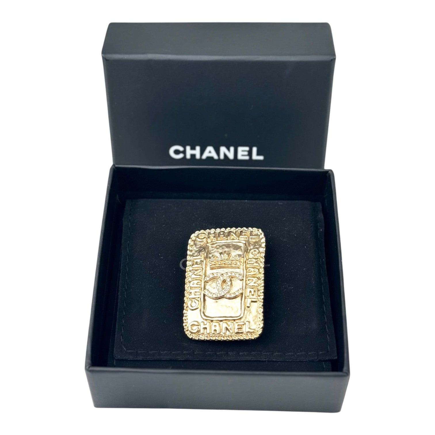 Chanel 21A Gold CC Rectangle Brooch with Crystals