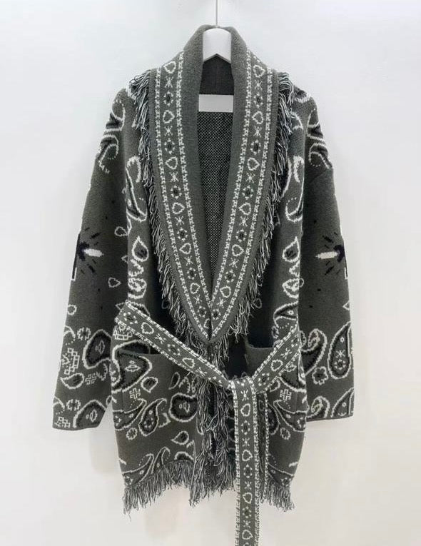 bandana wrap cardigan with belt khaki zah22