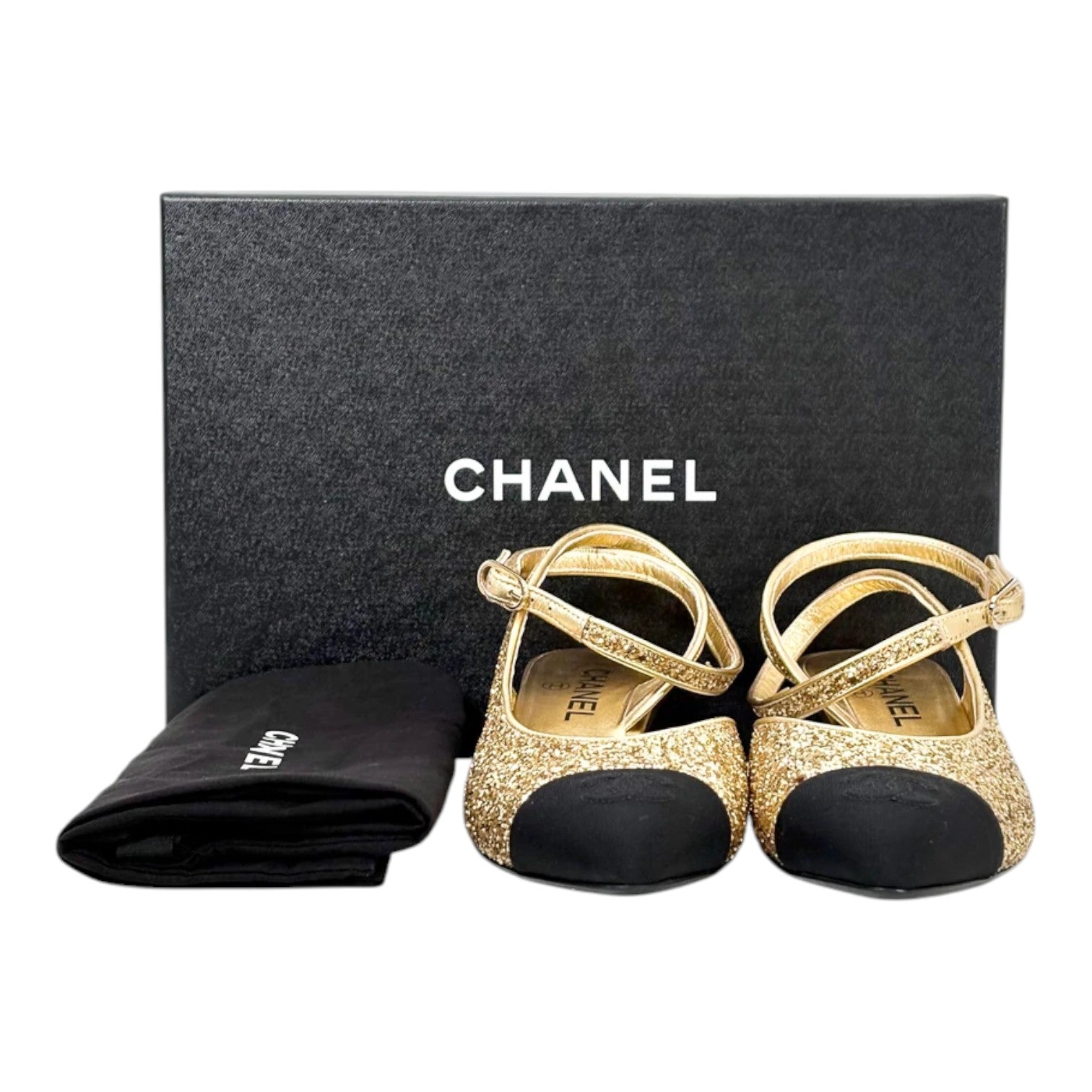 Chanel 21A Gold and Black Sling Back Shoes - Size 38.5