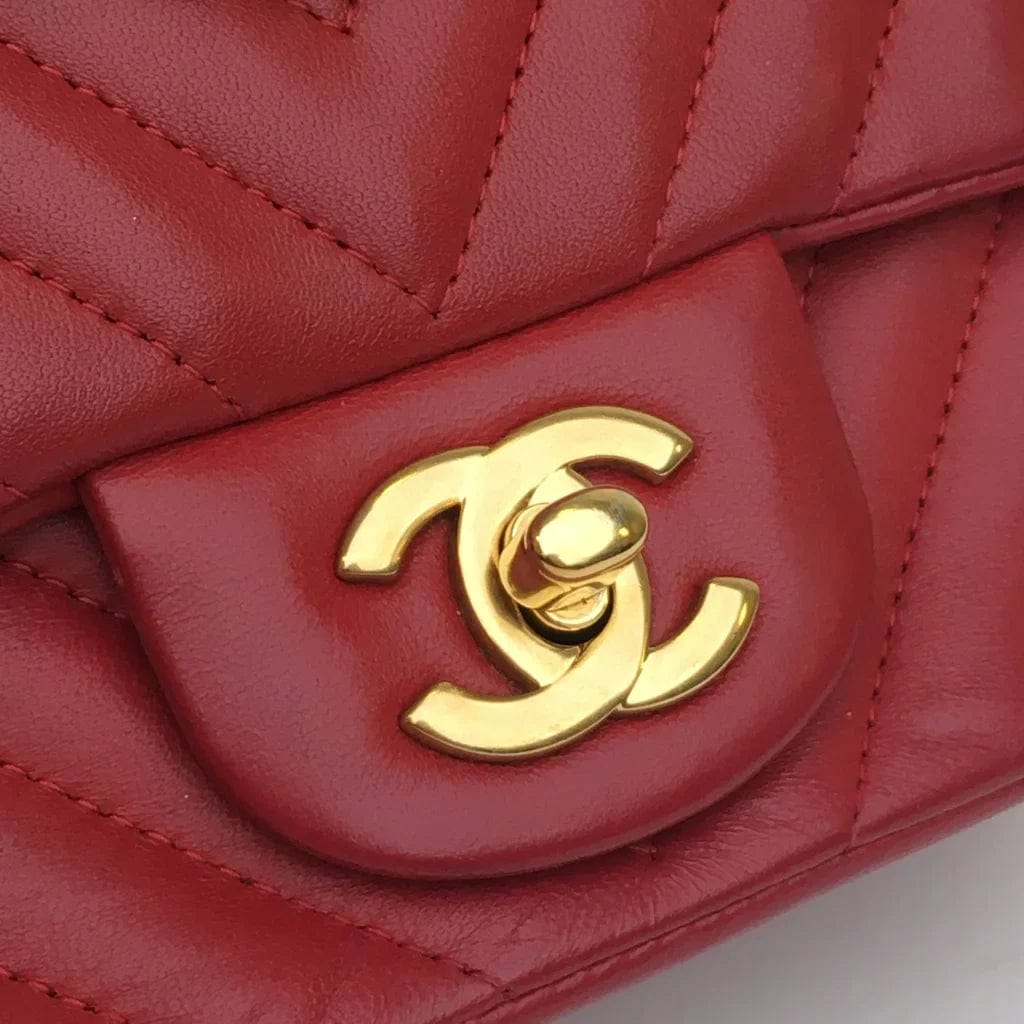 CANADA Chanel Chevron Mini Square Red Lambskin