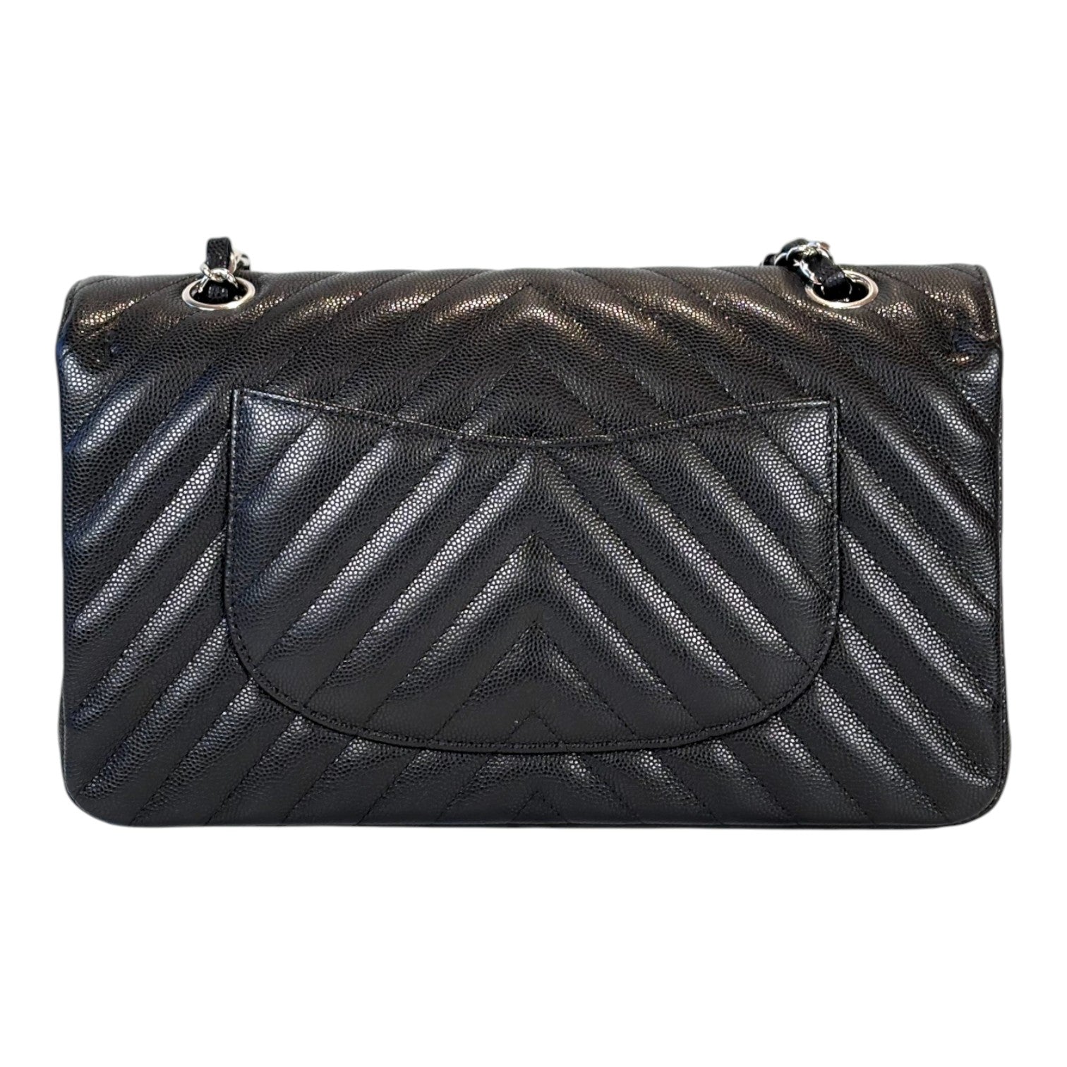 Chanel Classic Flap Medium Black Silver Chevron in Caviar Bag