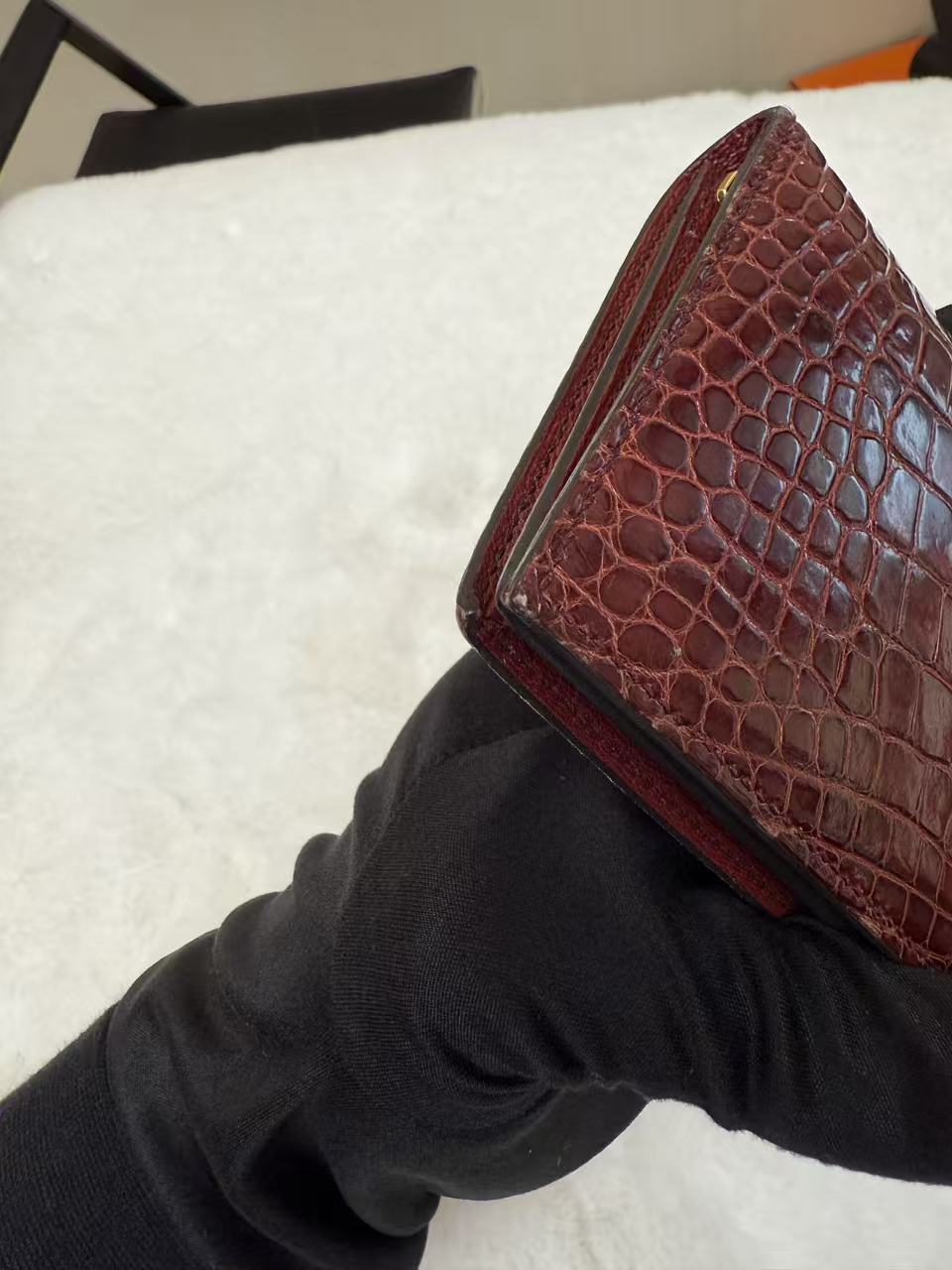 Hermès bearn Luxury Crocodile Embossed Leather Wallet - Burgundy