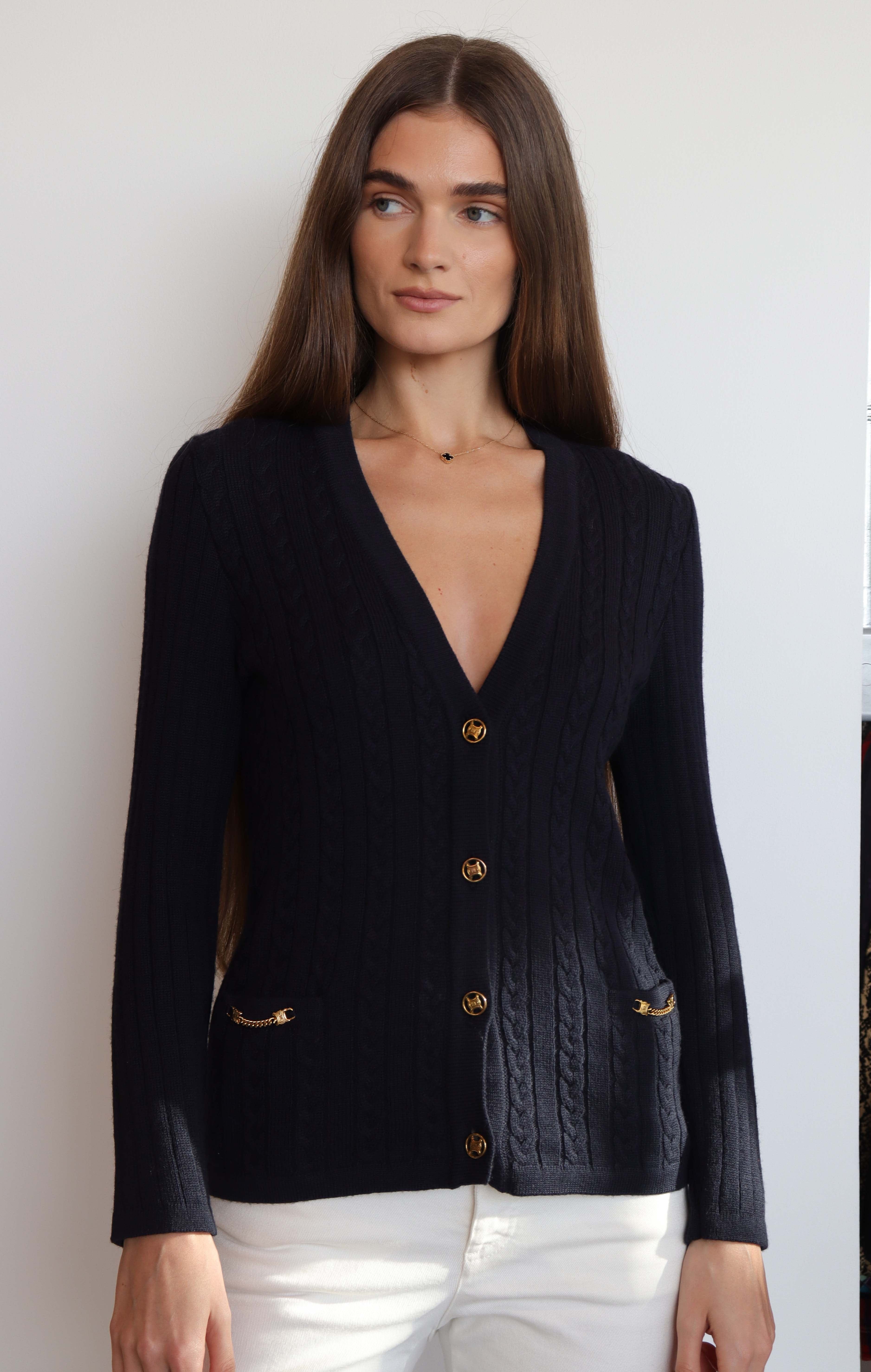 Celine Celine Macadem Logo Button Knit Cardigan Navy DXBS2049