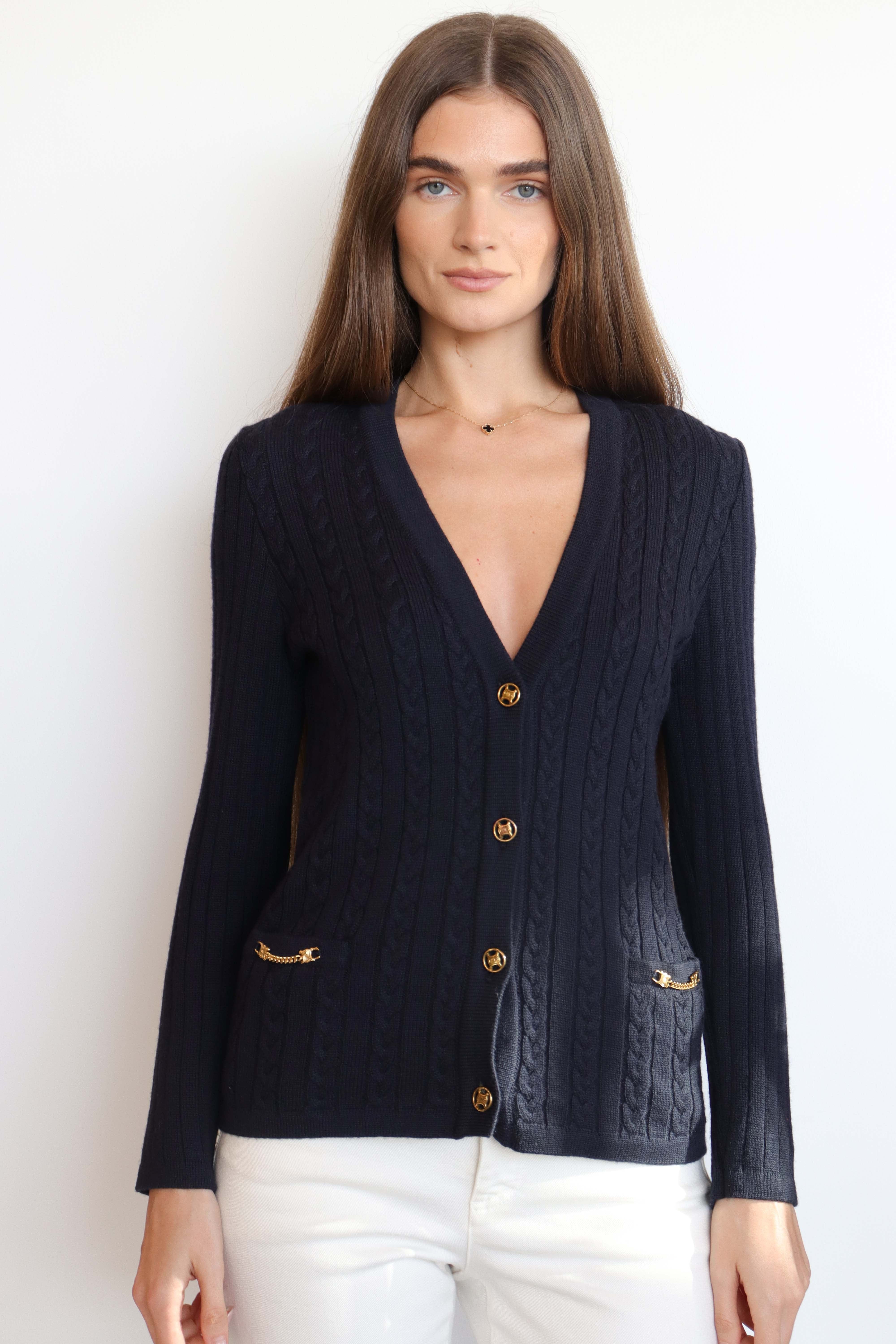 Celine Celine Macadem Logo Button Knit Cardigan Navy DXBS2049