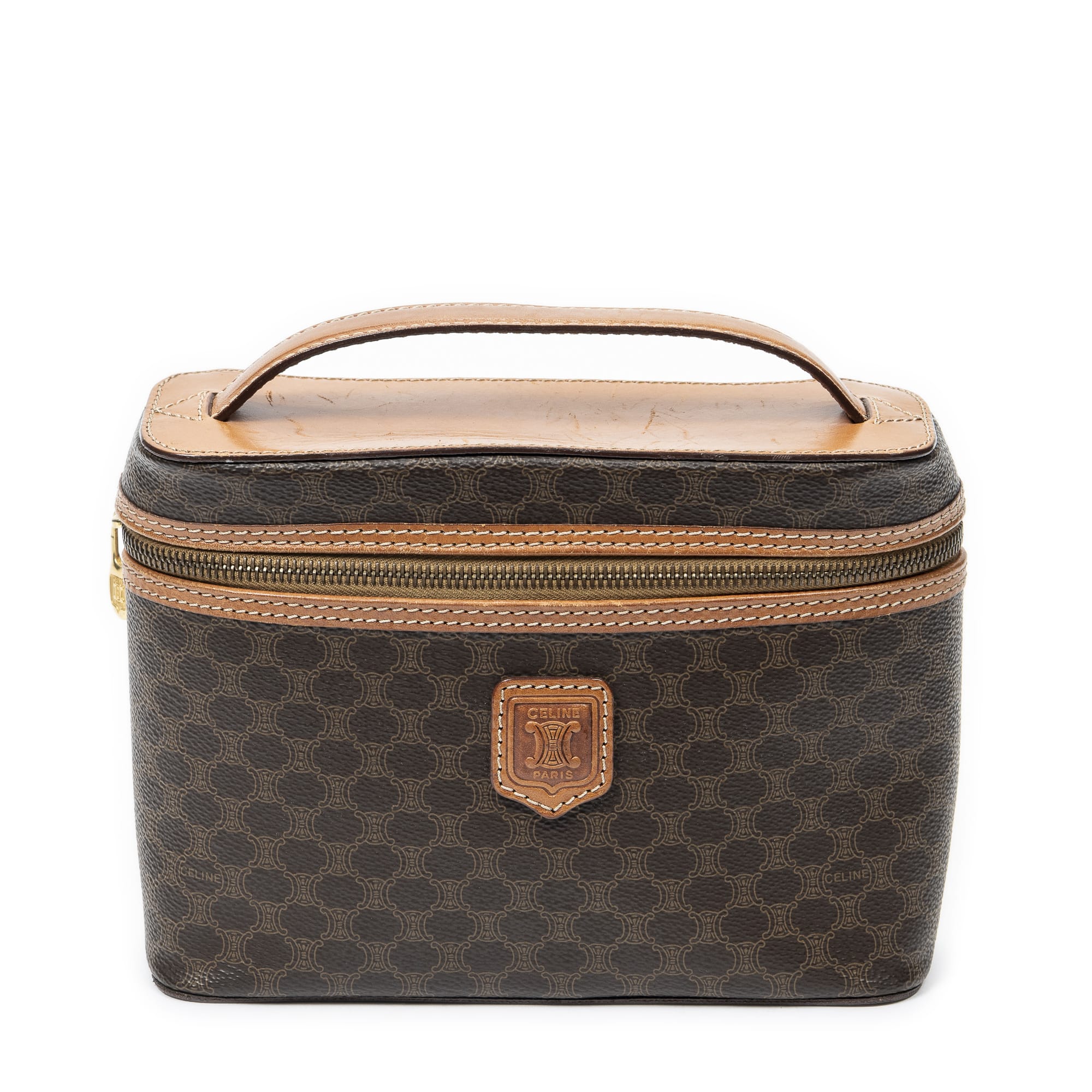 Celine Celine Brown Coated Canvas Top Handle Toiletry Pouch ABC2712