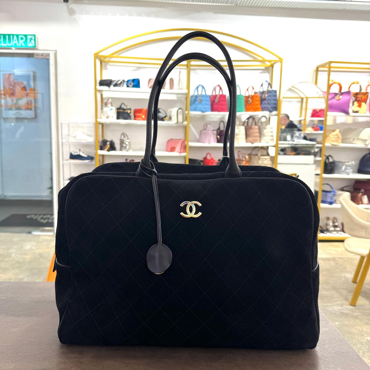 CHANEL BLACK SUEDE CALFSKIN LEATHER QUILTED MAXI PERFECT BOWLING BAG IN GHW  HB6836