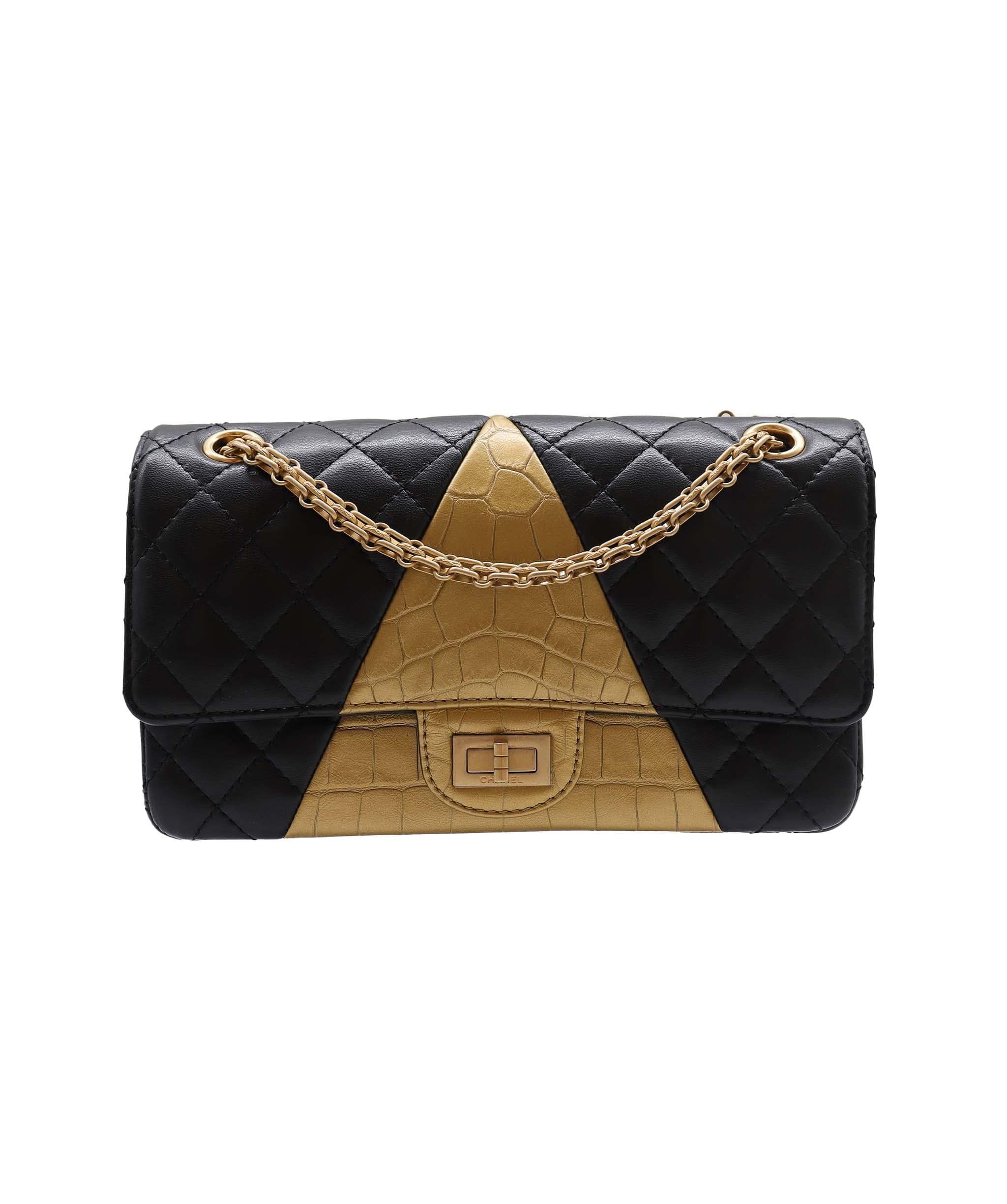 Chanel CHANEL 2.55 Egyptian 19 MEDIUM CHAIN SHOULDER BAG GOLD BLACK LAMB SKIN - DXBS2744