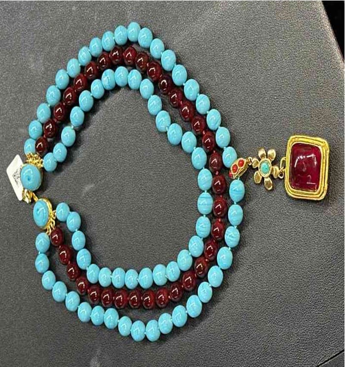 Chanel CHANEL 71-80 Square Pendant Red and Blue Glass Three-Layer Necklace LE604033
