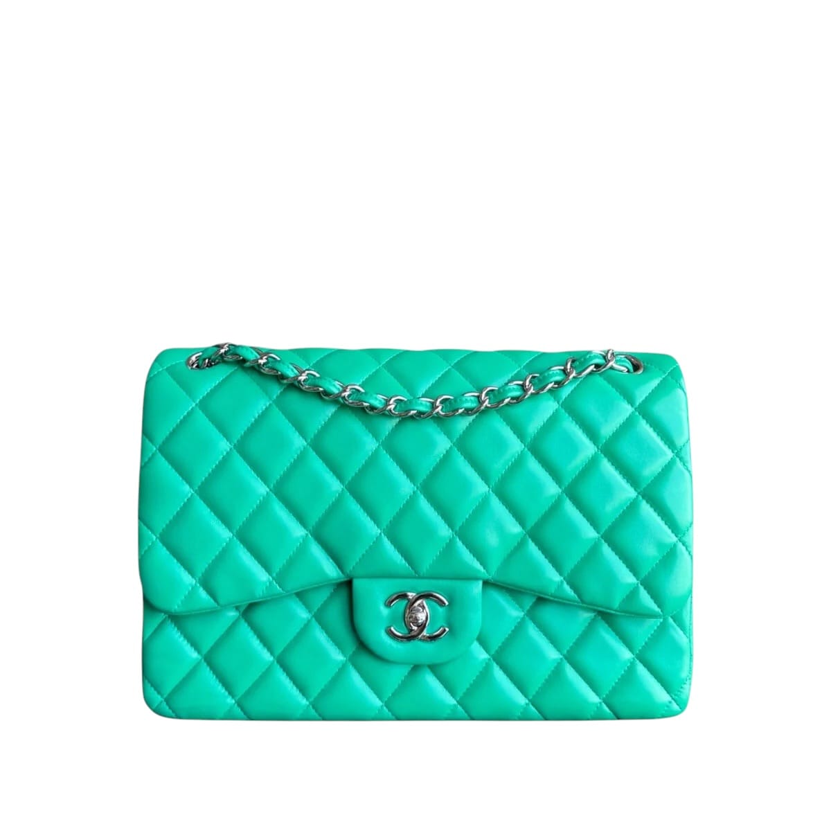 Chanel CHANEL CLASSIC FLAP JUMBO - DOUBLE FLAP 30CM QUILTED LAMBSKIN GREEN SILVER HARDWARE SERIES 16 SYCM656