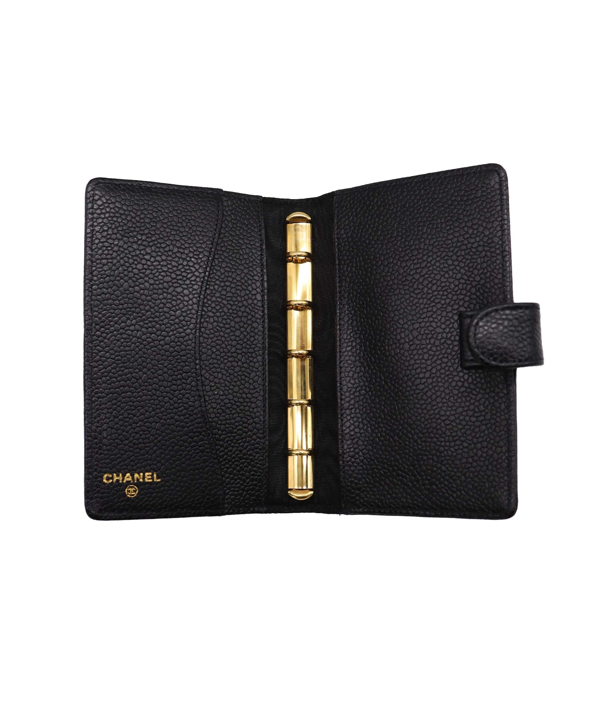 CHANEL CHANEL Day Planner Cover Caviar Skin Black Gold CC Auth ac3294