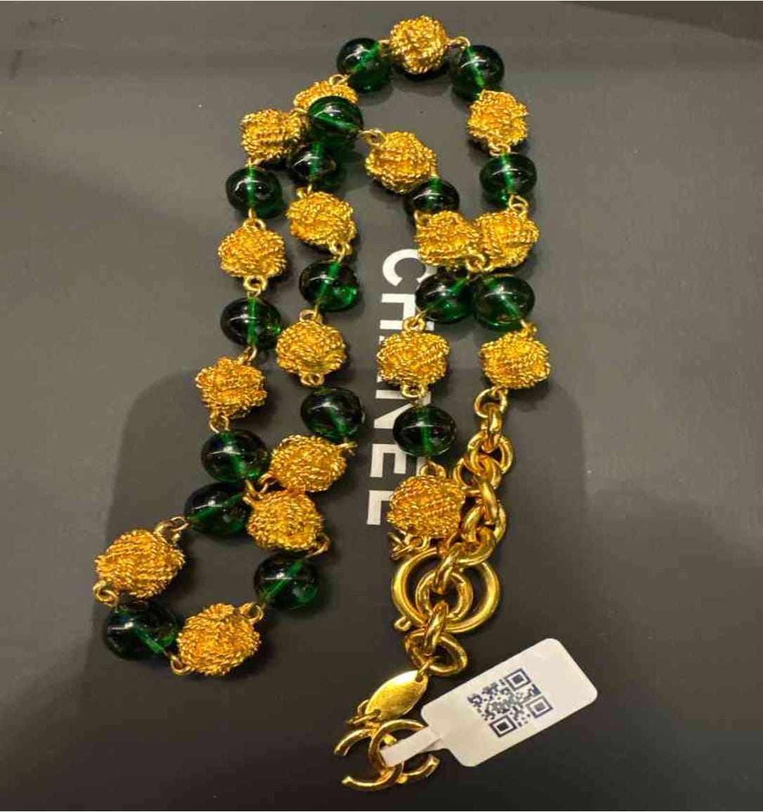 Chanel CHANEL Green Glass Gold Ball Necklace LE506064