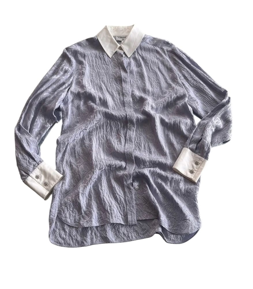 Chanel Chanel Logo Silk Shirt Lilac/White Sz 38 SYCYA117
