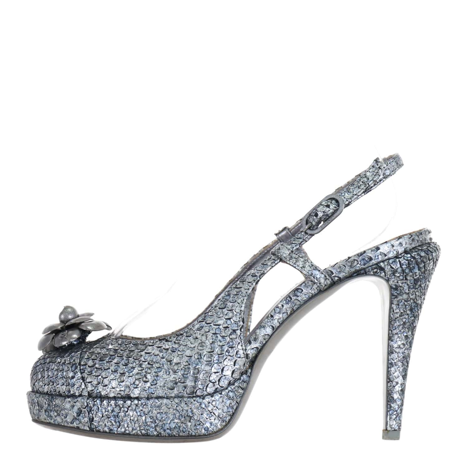 Chanel Chanel Metallic Python Leather Camellia CC Slingback Platform Sandals
