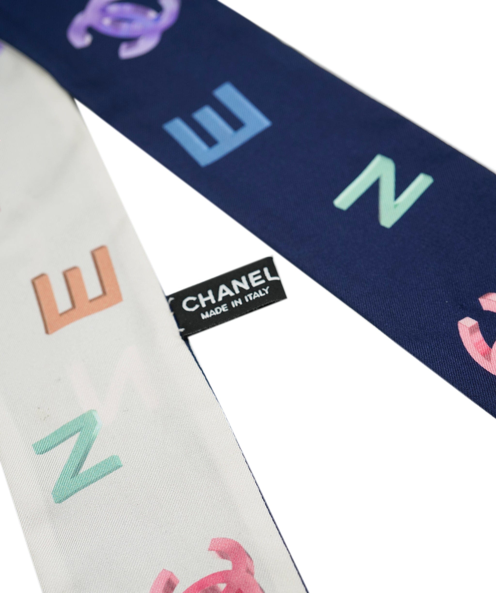 Chanel Chanel navy/white silk letters neck scarf 119cm - AJC0661