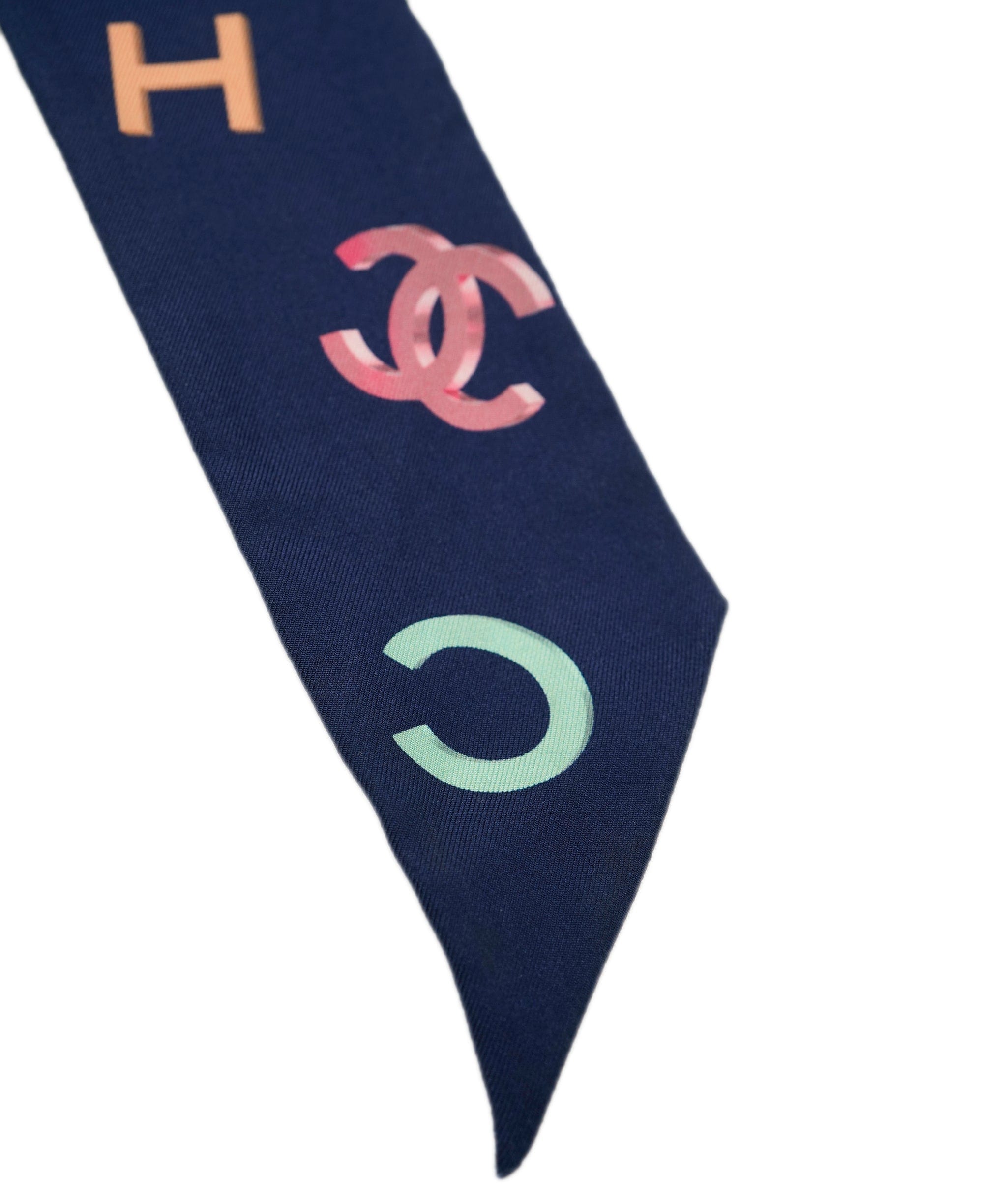 Chanel Chanel navy/white silk letters neck scarf 119cm - AJC0661
