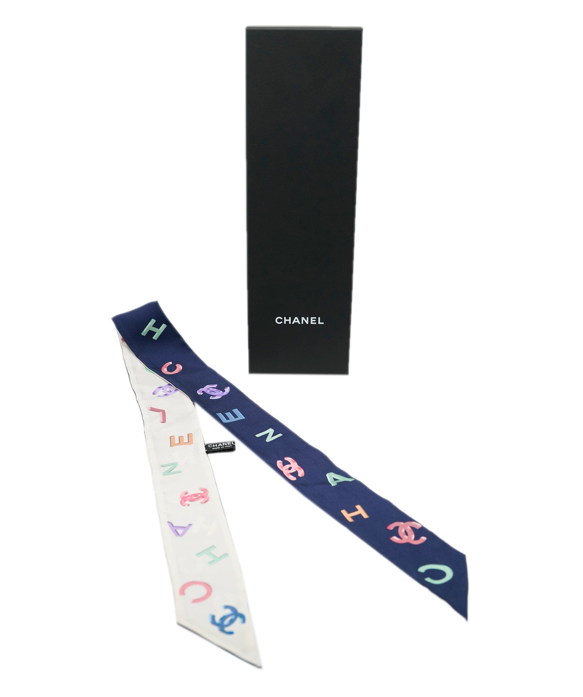 Chanel Chanel Navy/White Silk Letters Neck Scarf 119cm AJC0661