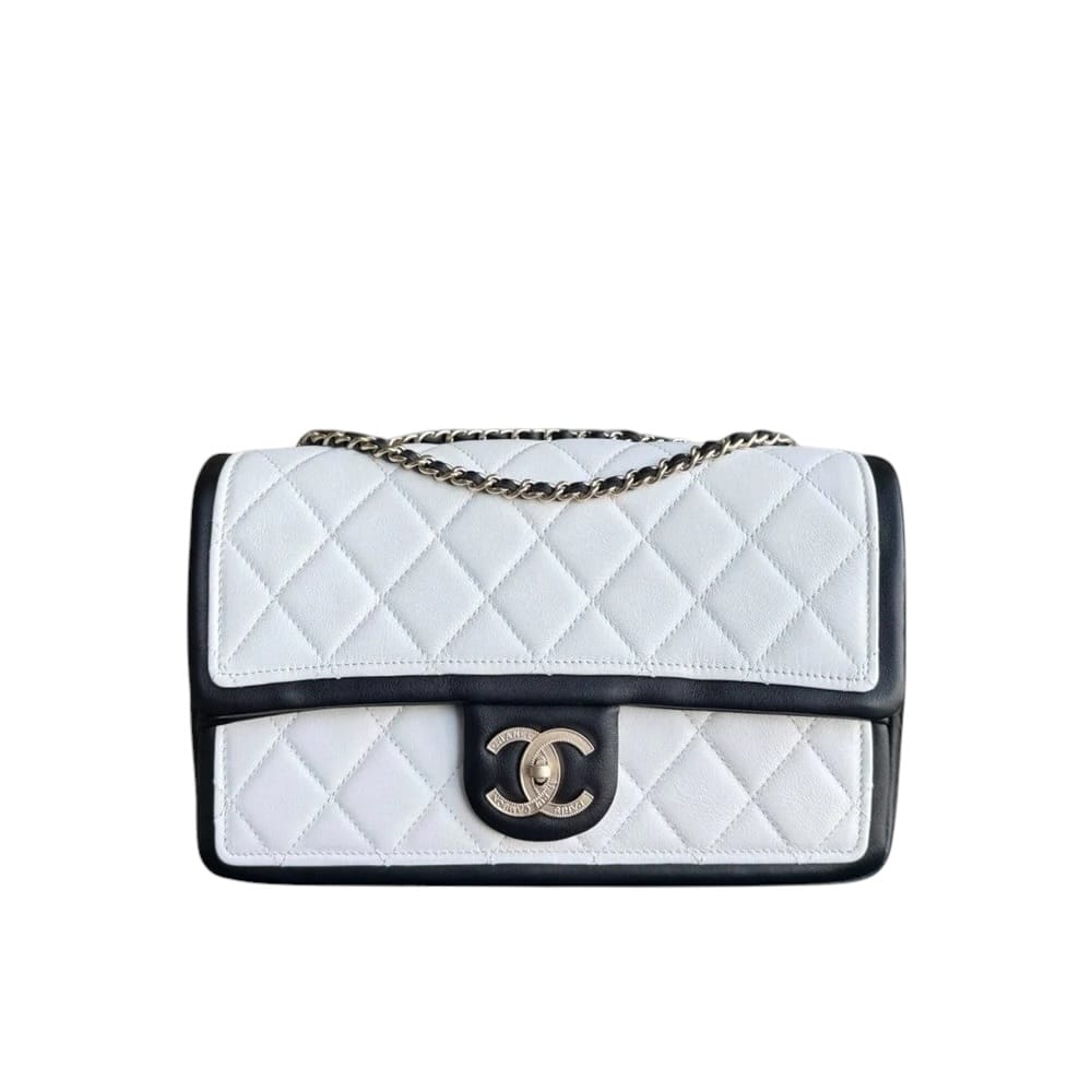 Chanel CHANEL SEASONAL FLAP - 25CM QUILTED LAMBSKIN BI-COLOR WHITE BLACK GOLD HARDWARE SYCM633