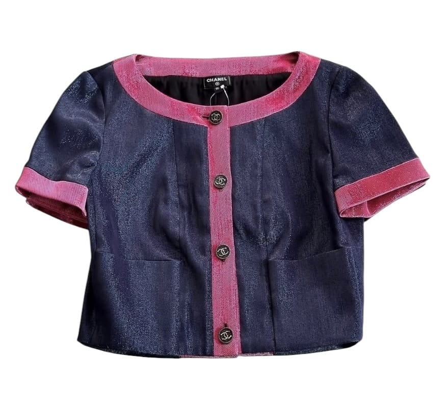 Chanel Chanel Short Sleeve Cropped Jacket Shimmer Dark Blue/Pink Sz36 SYCYA111