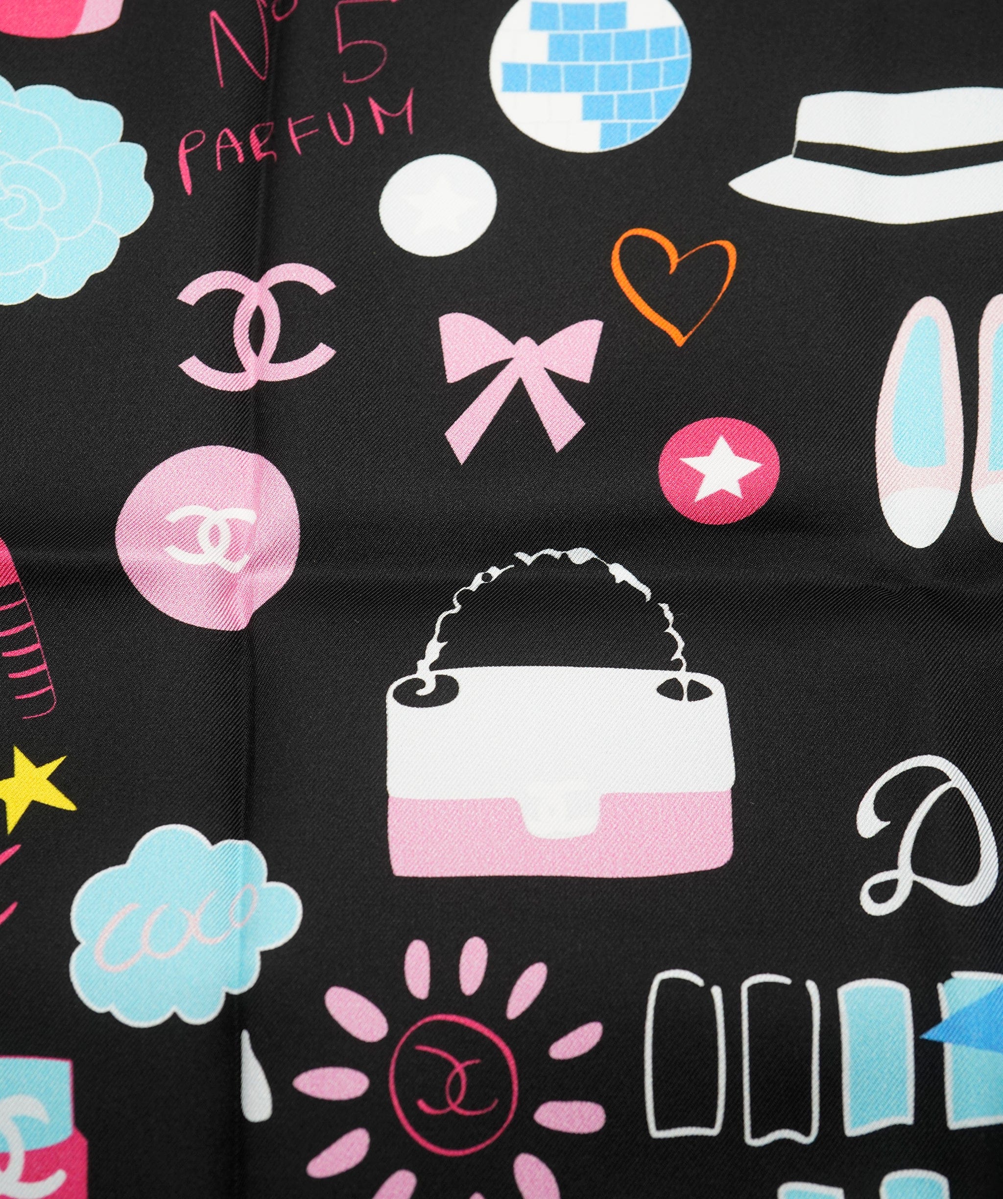 Chanel Chanel silk scarf, black multicolors with blue contours, excellent condition AKL0117