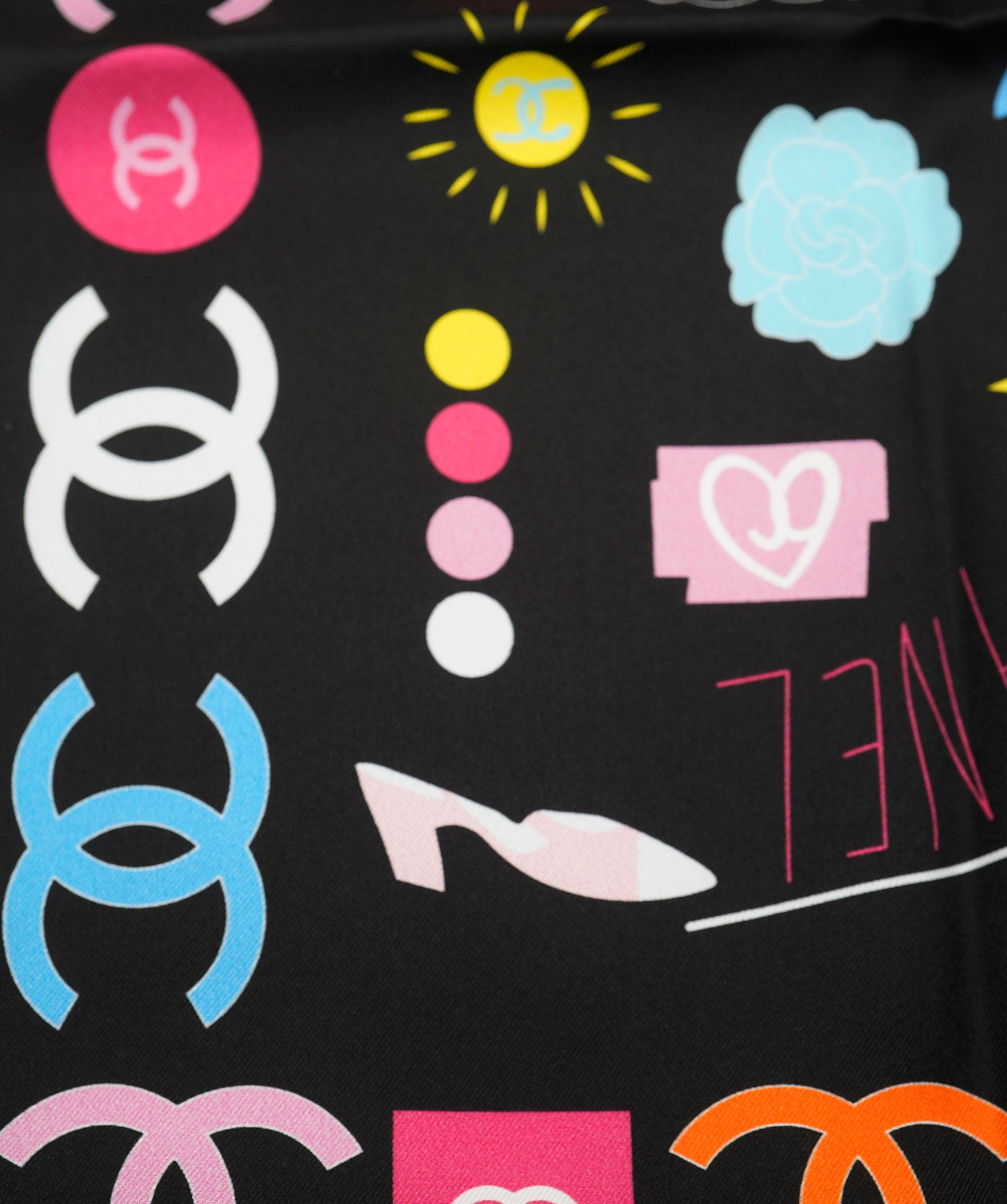 Chanel Chanel silk scarf, black multicolors with blue contours, excellent condition AKL0117