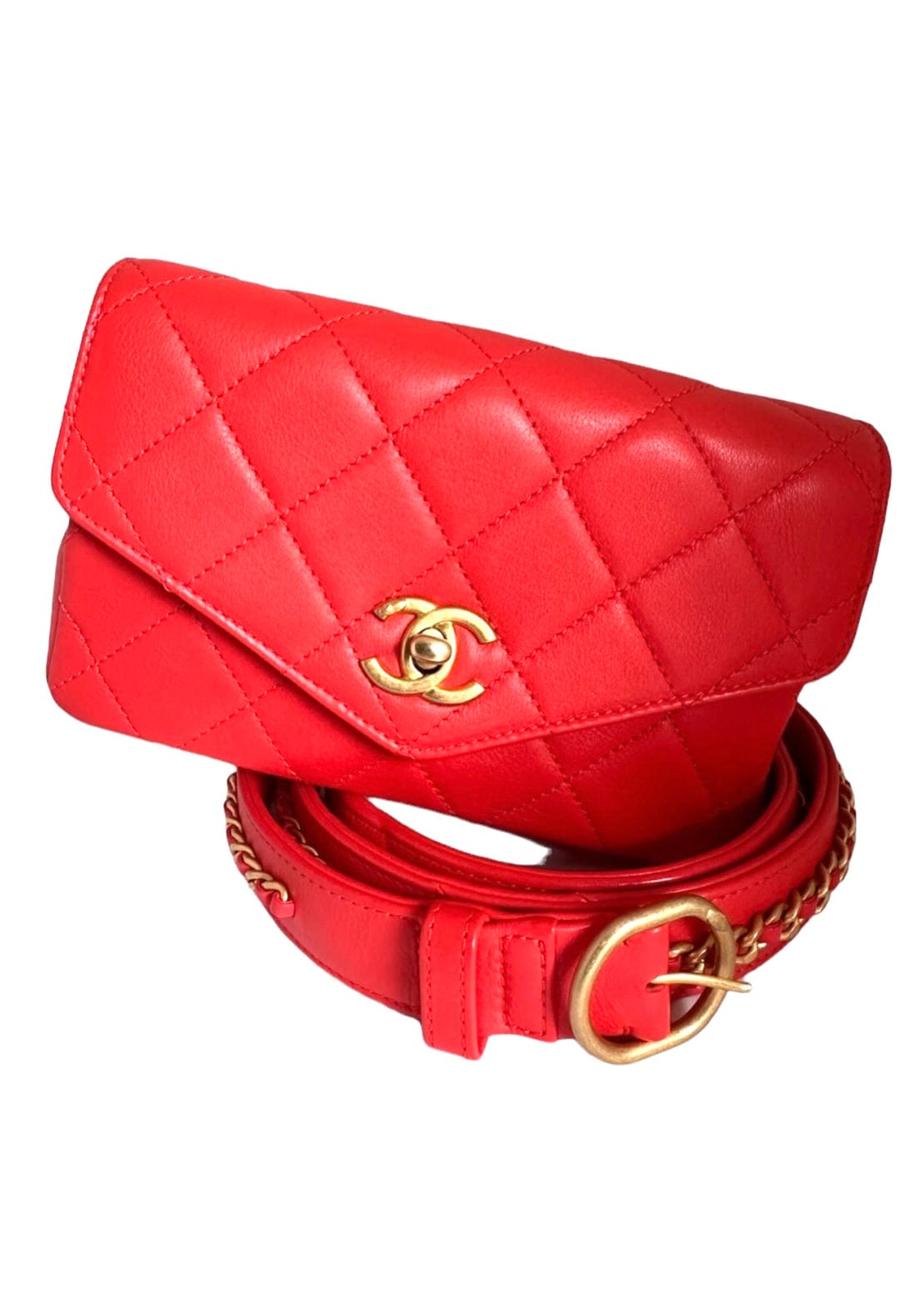 Chanel Chanel Turnlock Red Calfskin GHW Belt Bag Size 95cm SKC1688