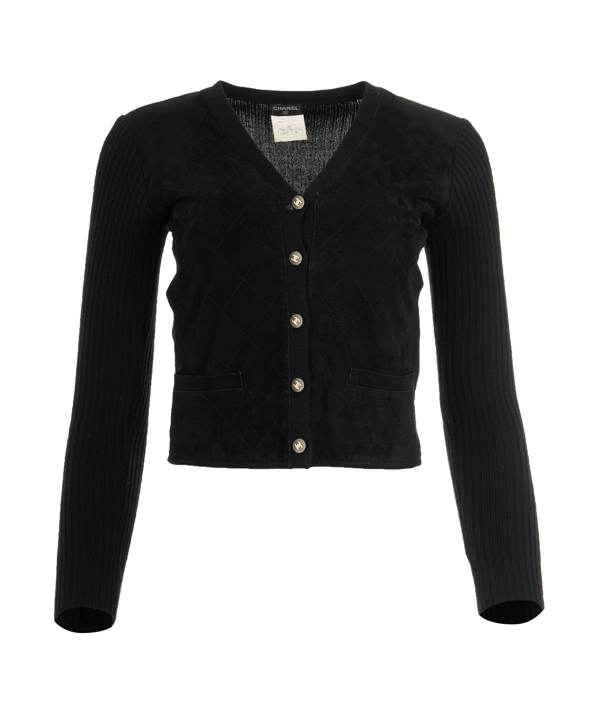 Chanel Chanel Vintage 96A Black Quilted Suede Knit CC Cardigan DBXS2421