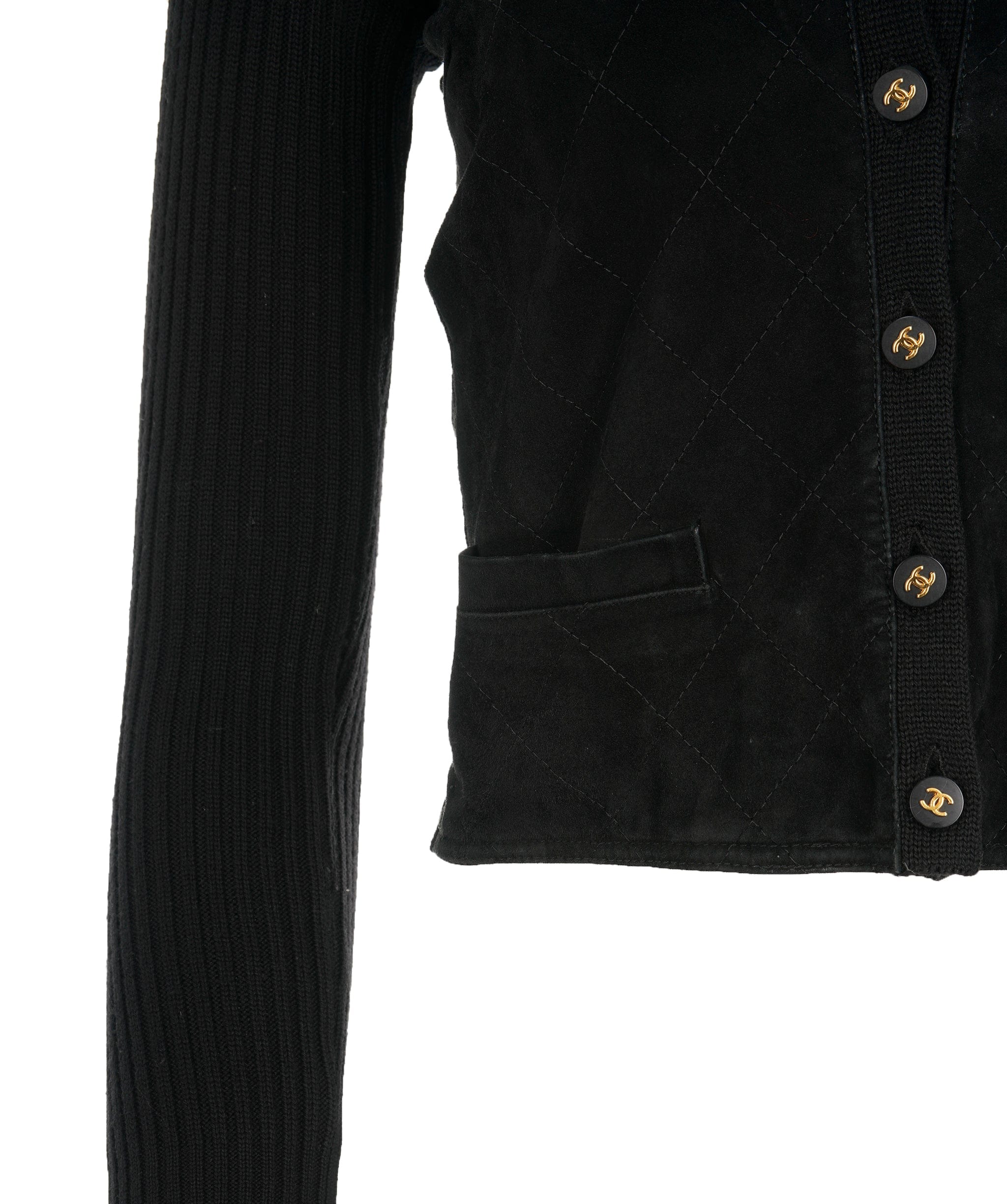 Chanel Chanel Vintage 96A Black Quilted Suede Knit CC Cardigan DBXS2421