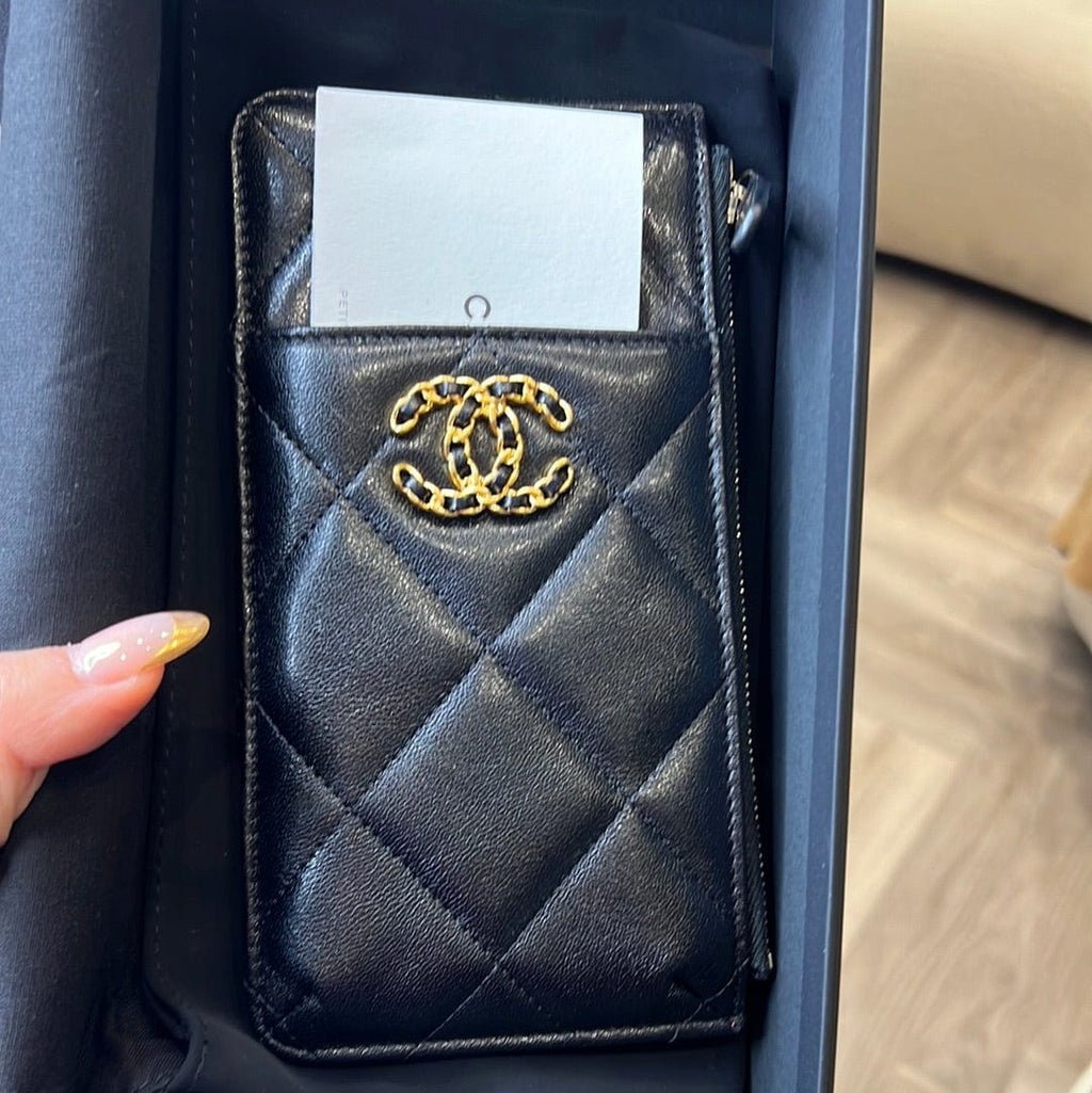 Chanel Black Goatskin Quilted Chanel 19 Phone and Card Holder