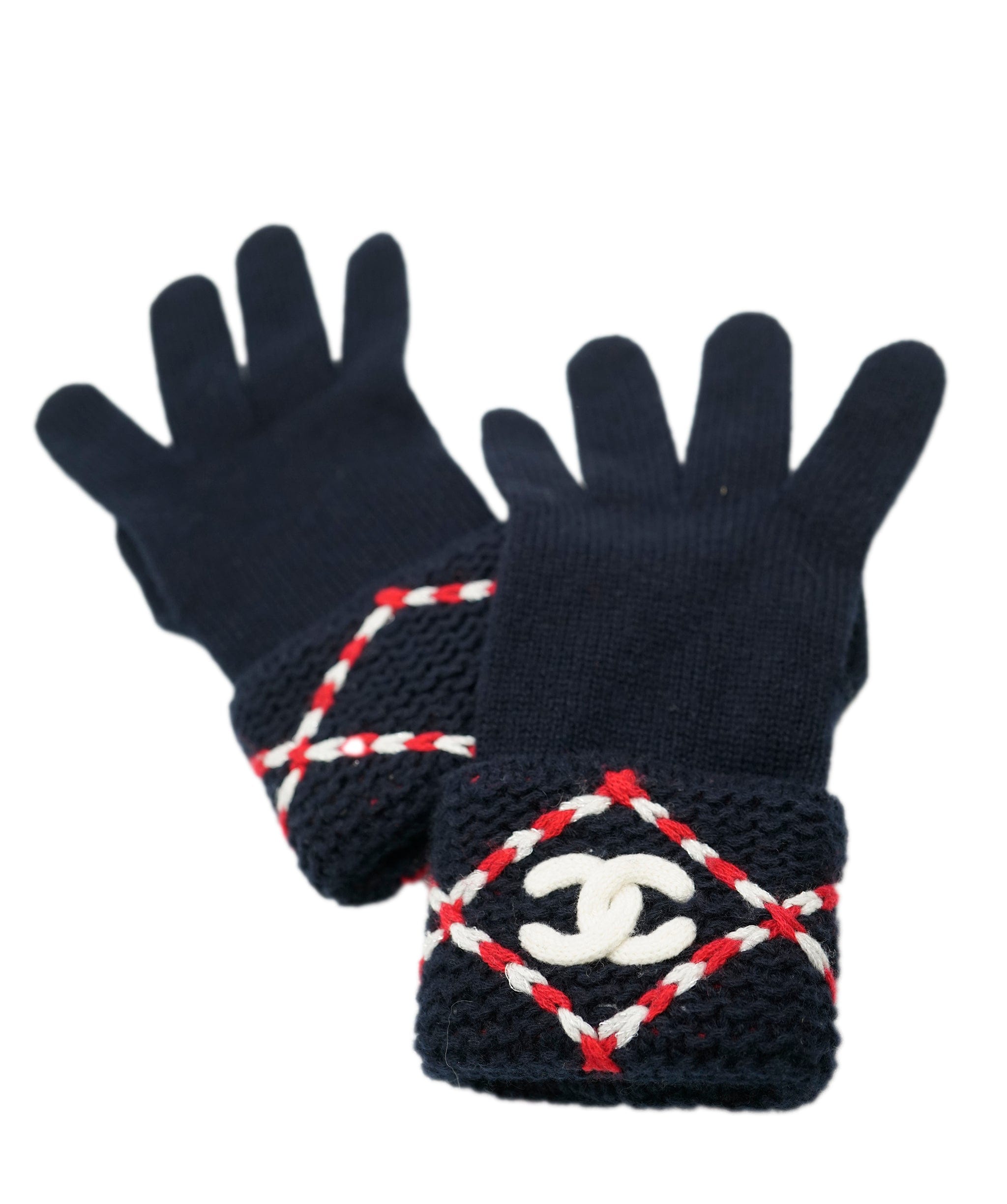 Chanel Chanel Navy, Red and White Cashmere Beanie Hat and Gloves Set with CC logo ASL10031