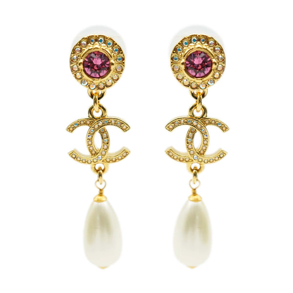 Chanel Pink Gem Stone with Crystal cc pearl Drop earrings ALC0862