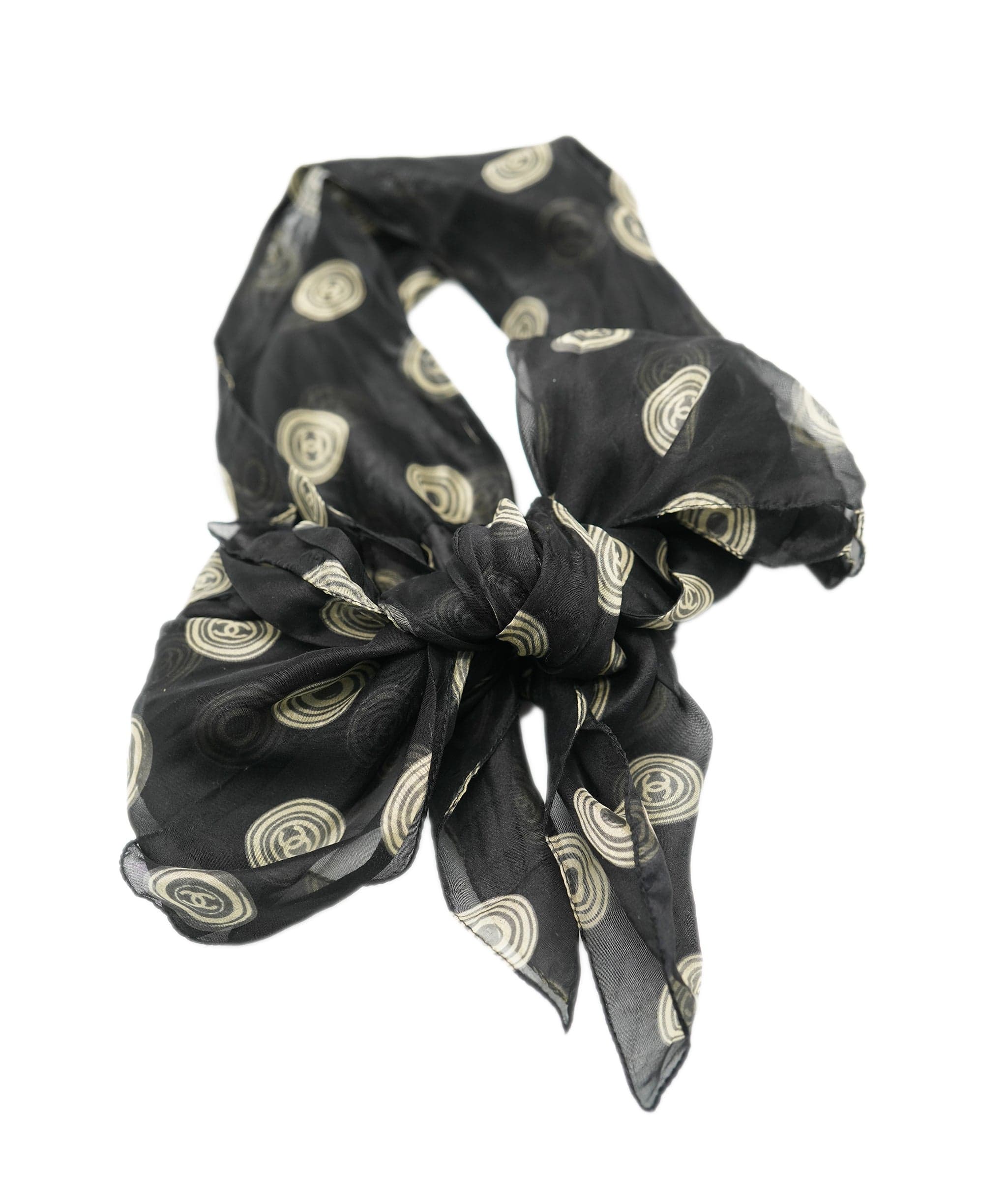 Chanel Chanel tie scarf, black with « Chanel CC », silk, very good conditions ASL10038