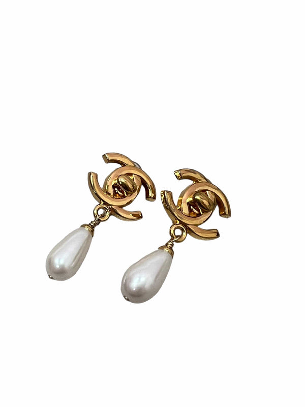 Chanel 1995 Gold Turn Lock Faux Pearl Clip-On Earrings · INTO