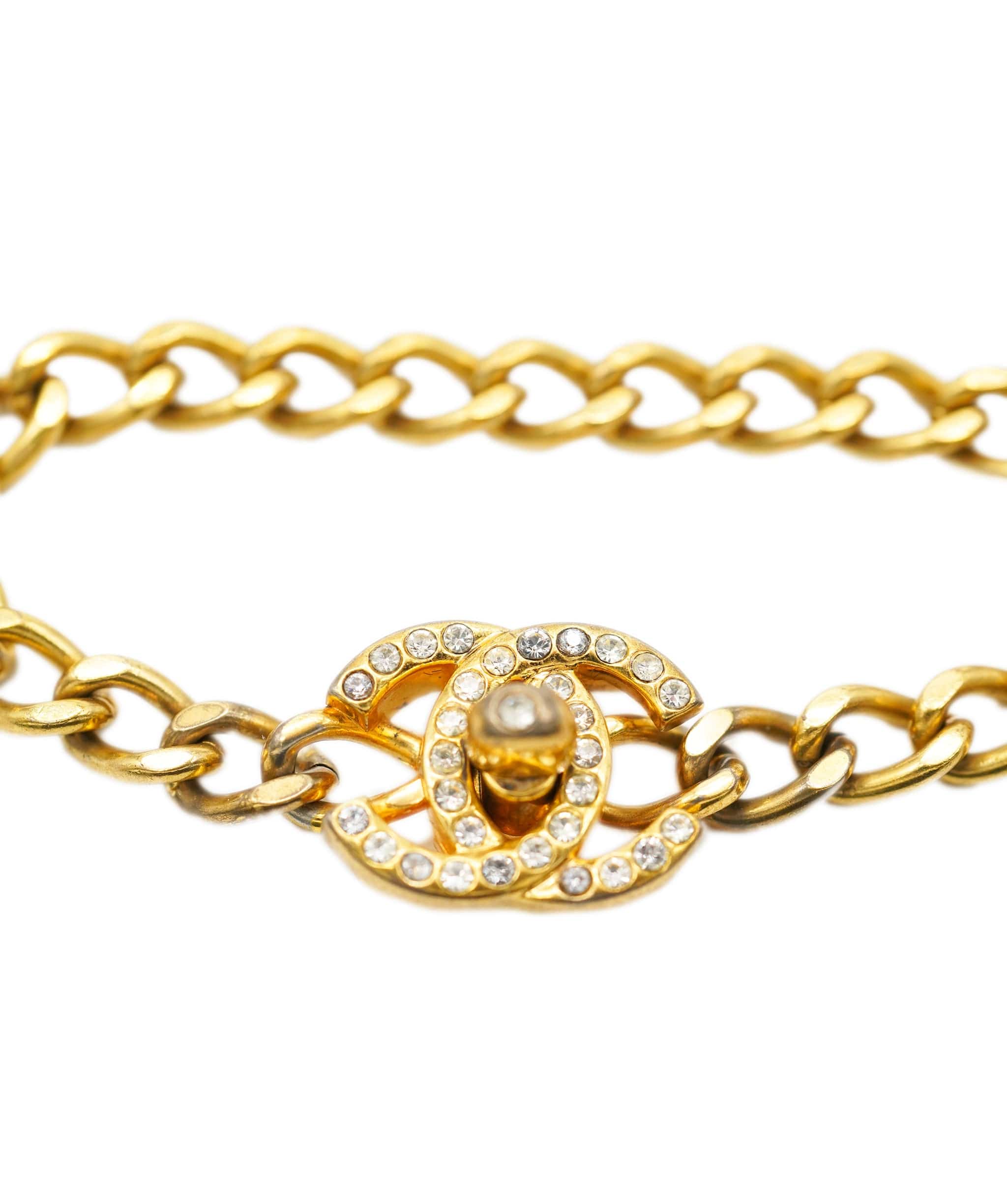 Chanel Vintage Chanel Gold Crystal CC Turnlock Chain Bracelet - AWL2438