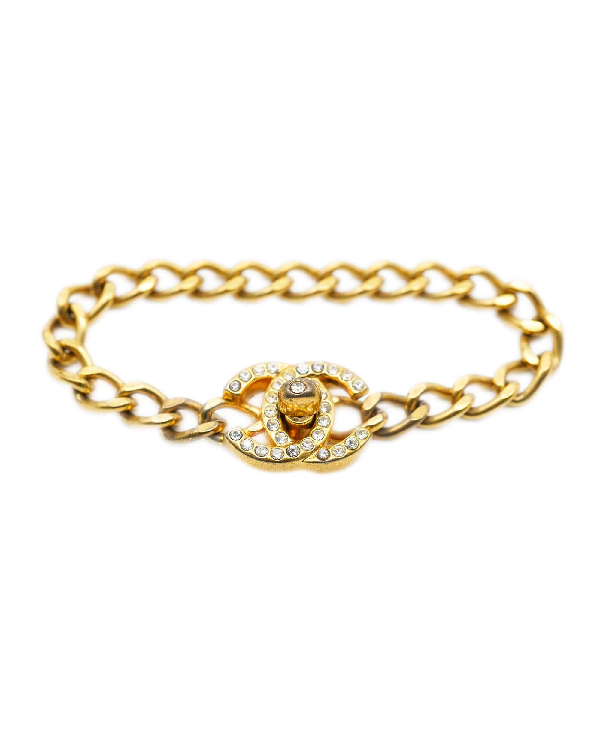 Chanel Vintage Chanel Gold Crystal CC Turnlock Chain Bracelet - AWL2438