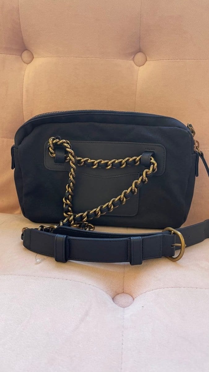59171 Chanel Double Pocket Small Waist Bag Blue Canvas