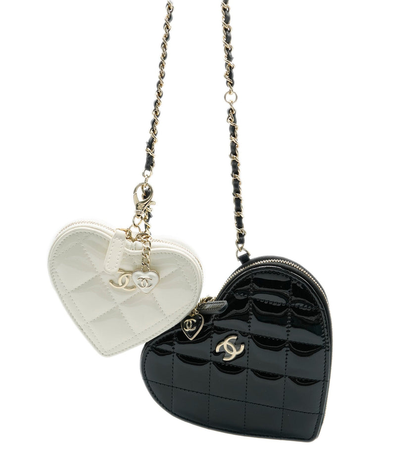 Chanel Heart Clutch With Chain, Patent leather, Black/White GHW
