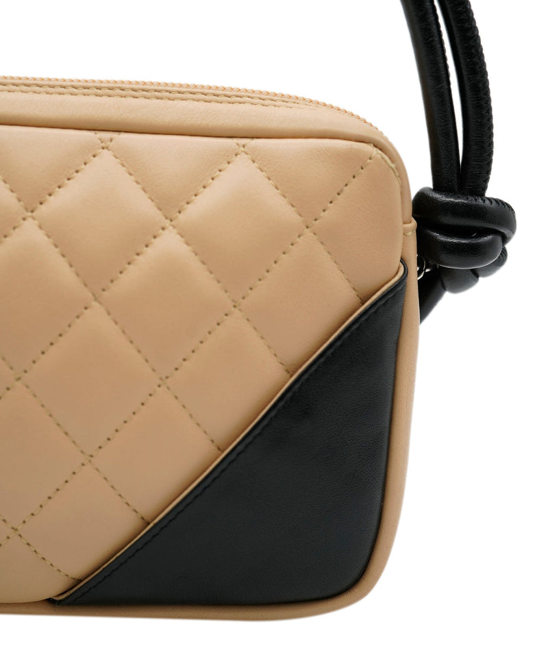 Auth Chanel Calfskin Quilted Cambon Ligne Pochette Beige Women Shoulder Bag