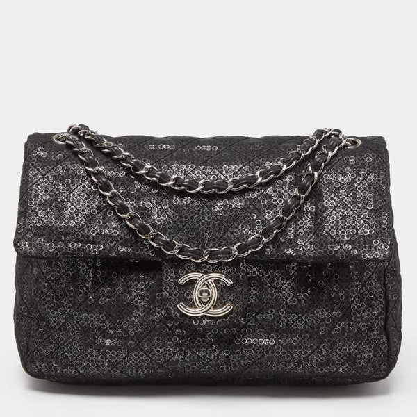 Chanel Chanel Black Mesh and Sequins Jumbo Classic Flap Bag ASCLC2202
