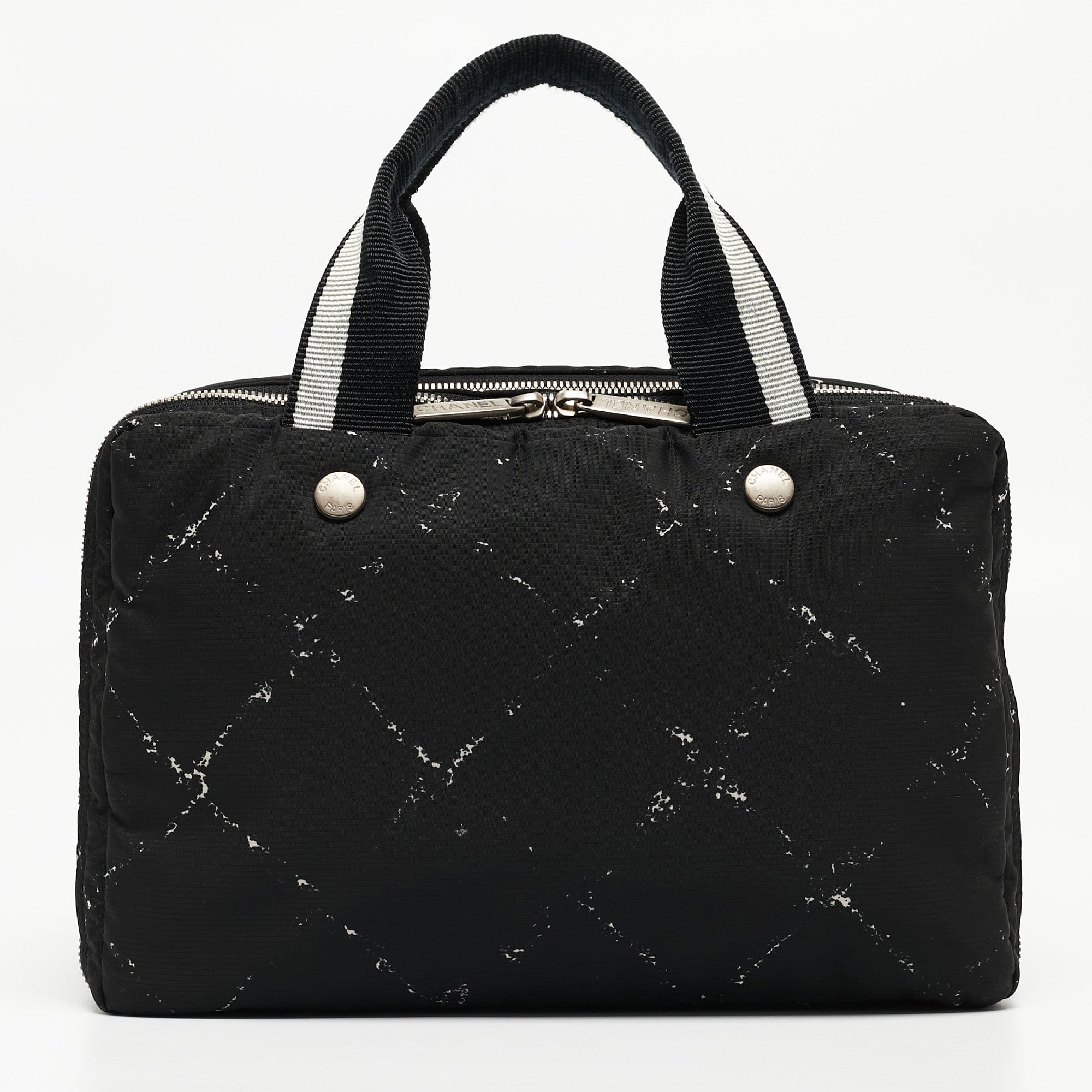 Chanel Chanel Black/White Quilted Nylon Travel Line Multiple Zip Bowler Bag ASCLC2121