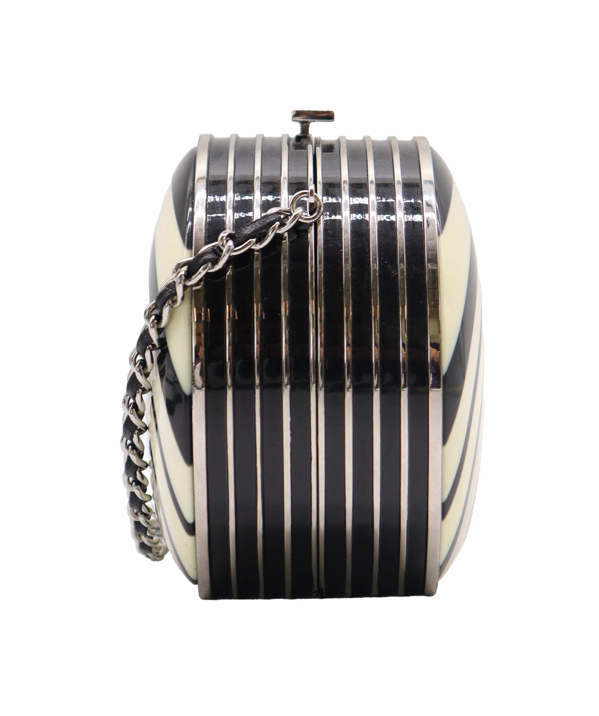 Chanel Chanel Black/White Striped Pillbox Rounded Minaudiere DXBS2777