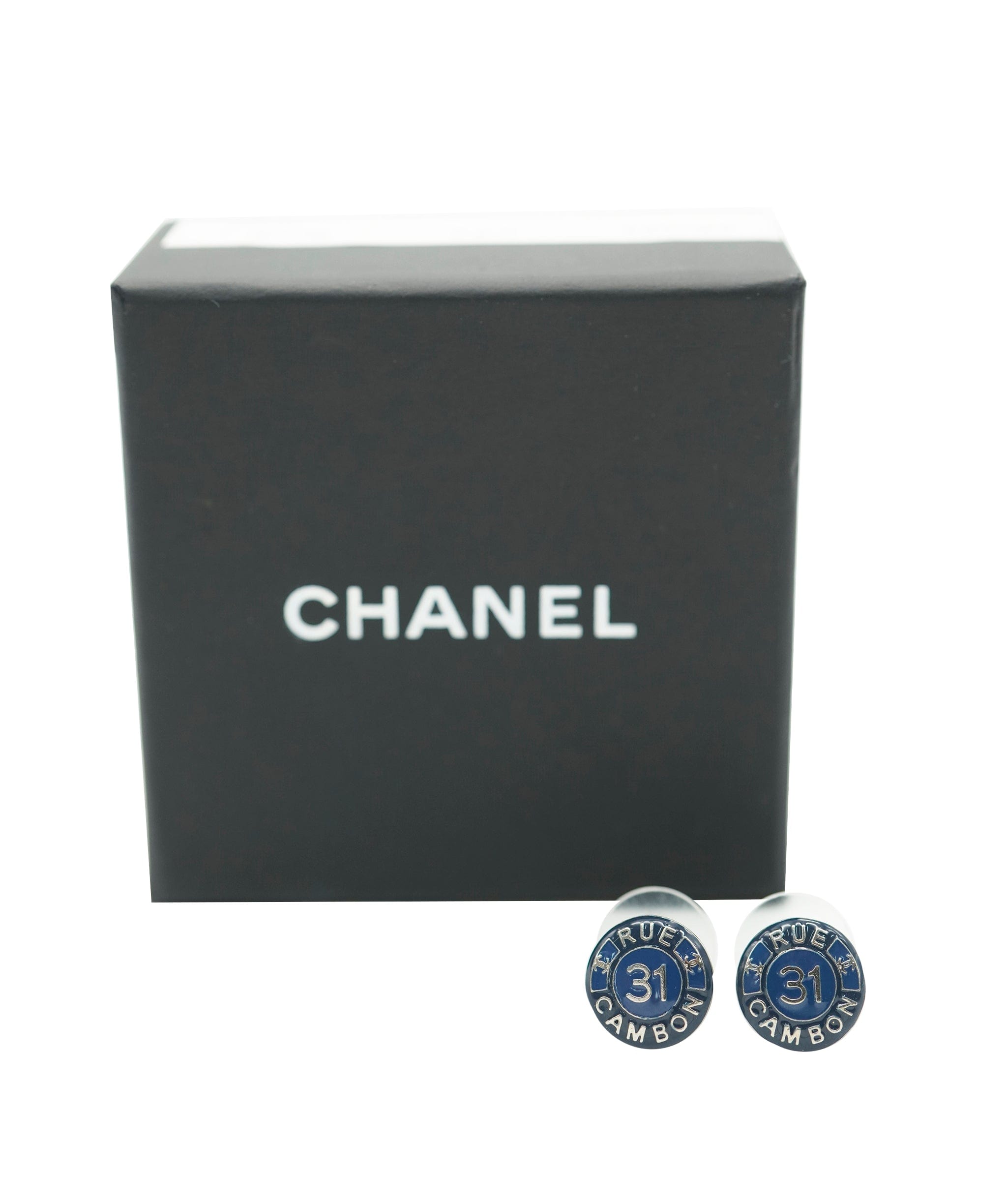 Chanel Chanel blue rue 31 silver cambon studs with box AJL0185
