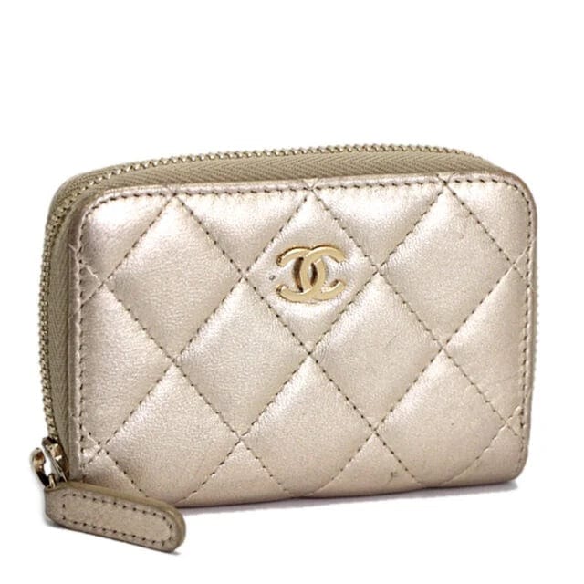 Chanel CHANEL CC Logo Quilted Lambskin Leather Zip-around Card & Coin Holder Champagne Gold #61903 - AJC0581