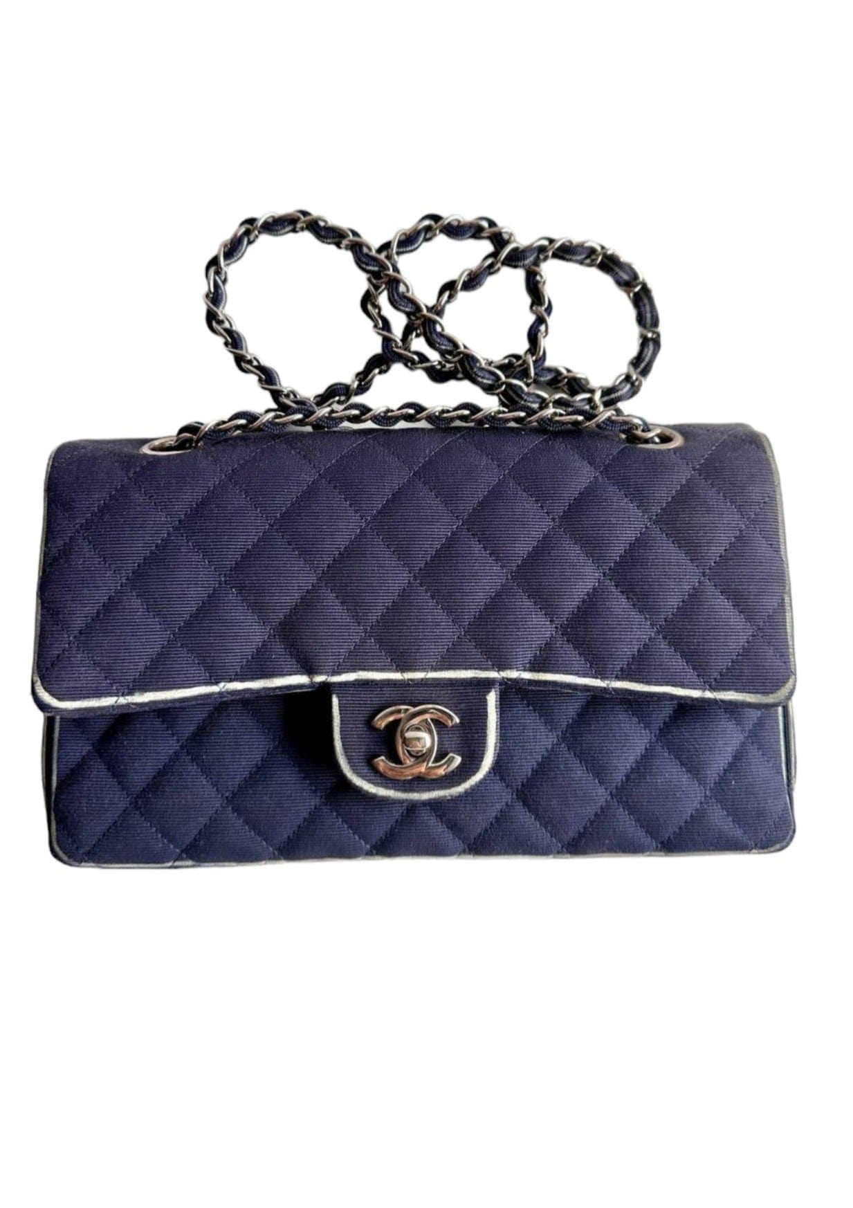 Chanel Chanel Classic Double Flap Medium Navy Canvas Painted White Trim SHW #19 SKC1829