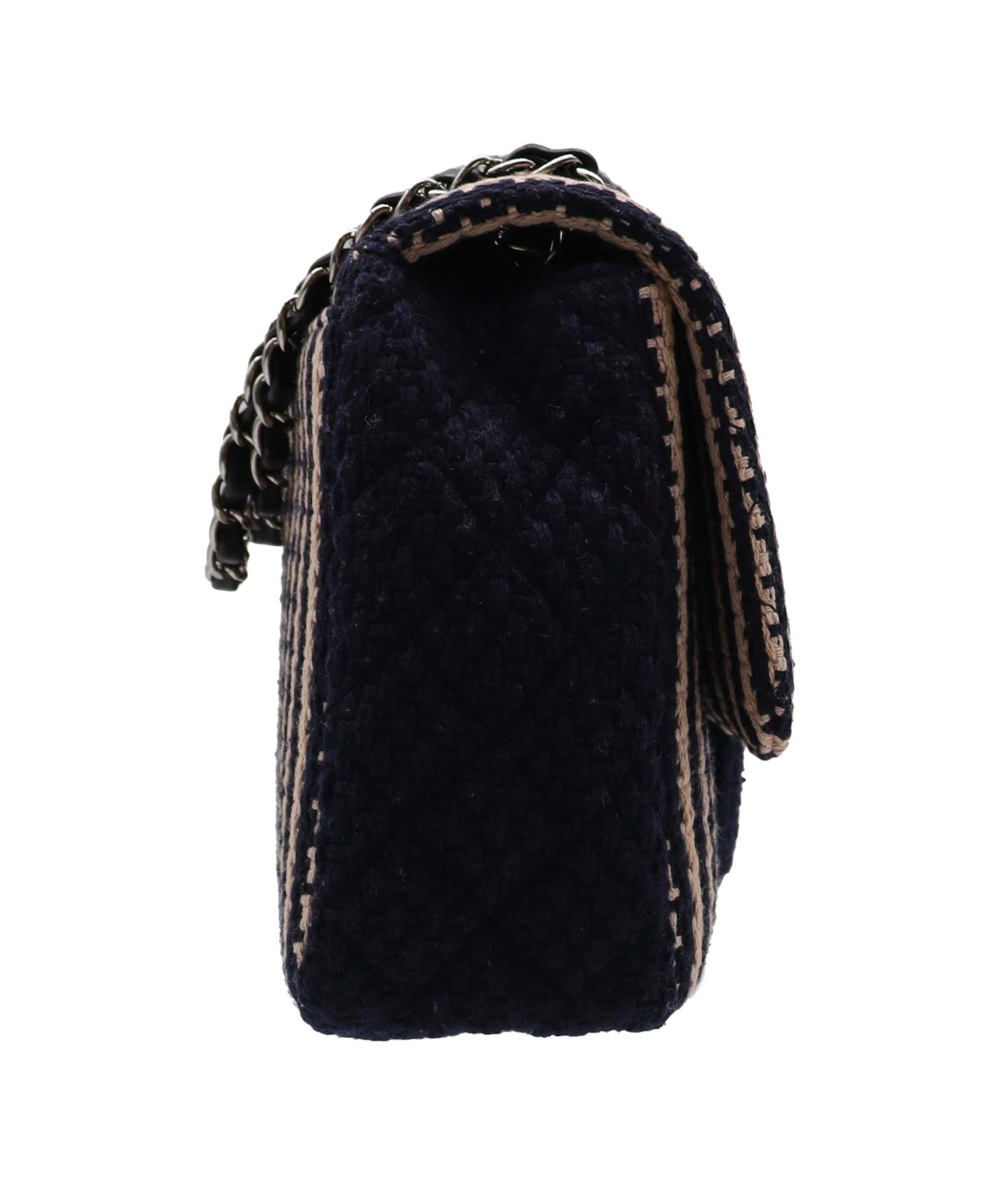 Chanel CHANEL Coco Logos Wool Chain Shoulder Beige/Navy DXBS3469