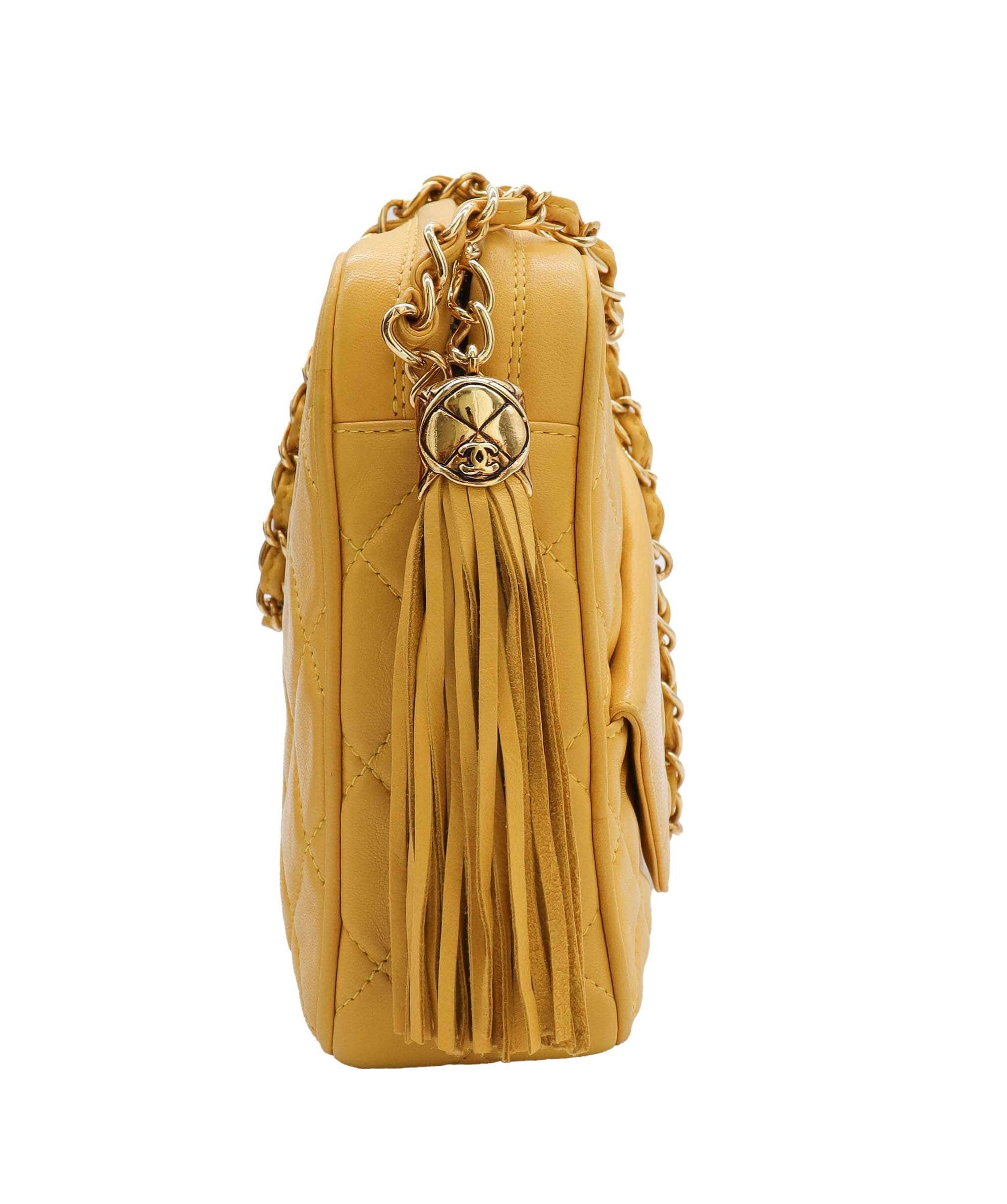 Chanel CHANEL Fringe Chain Shoulder Bag Yellow Lambskin Leather DXBS0947