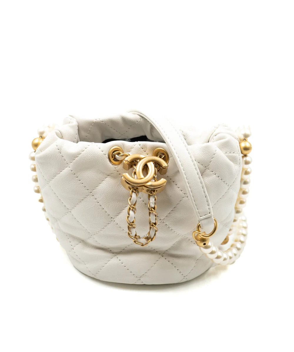 Chanel Chanel Light White Calfskin Quilted Pearl Mini About Pearls Drawstring Bucket Bag - DXBS1466