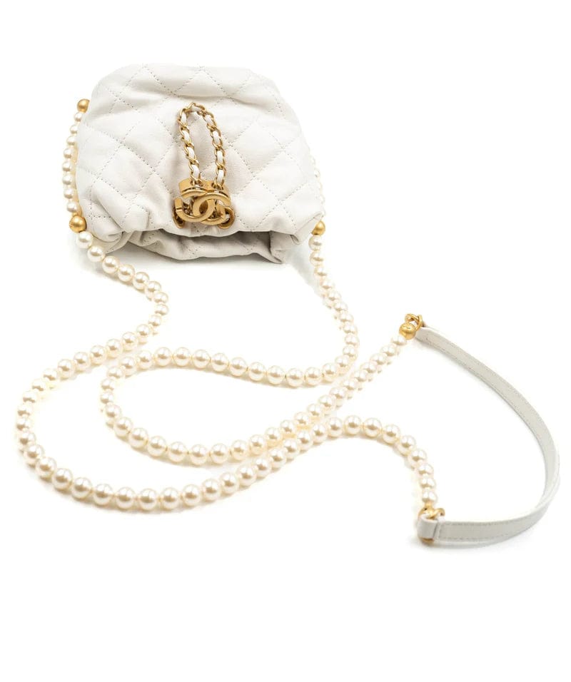 Chanel Chanel Light White Calfskin Quilted Pearl Mini About Pearls Drawstring Bucket Bag - DXBS1466